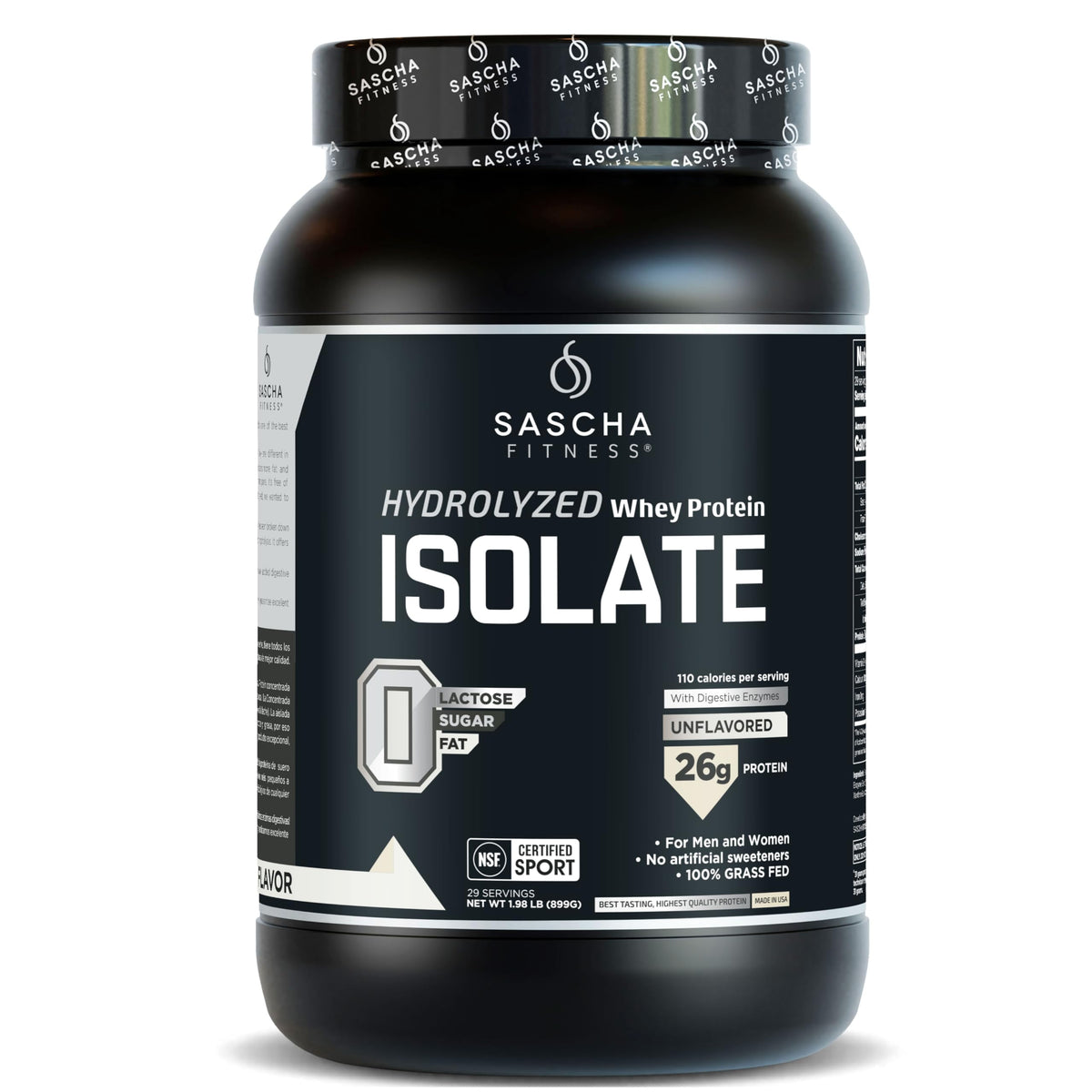 SASCHA FITNESS Whey isolat hydrolysée sans saveur, emballage clair pour repérage facile.