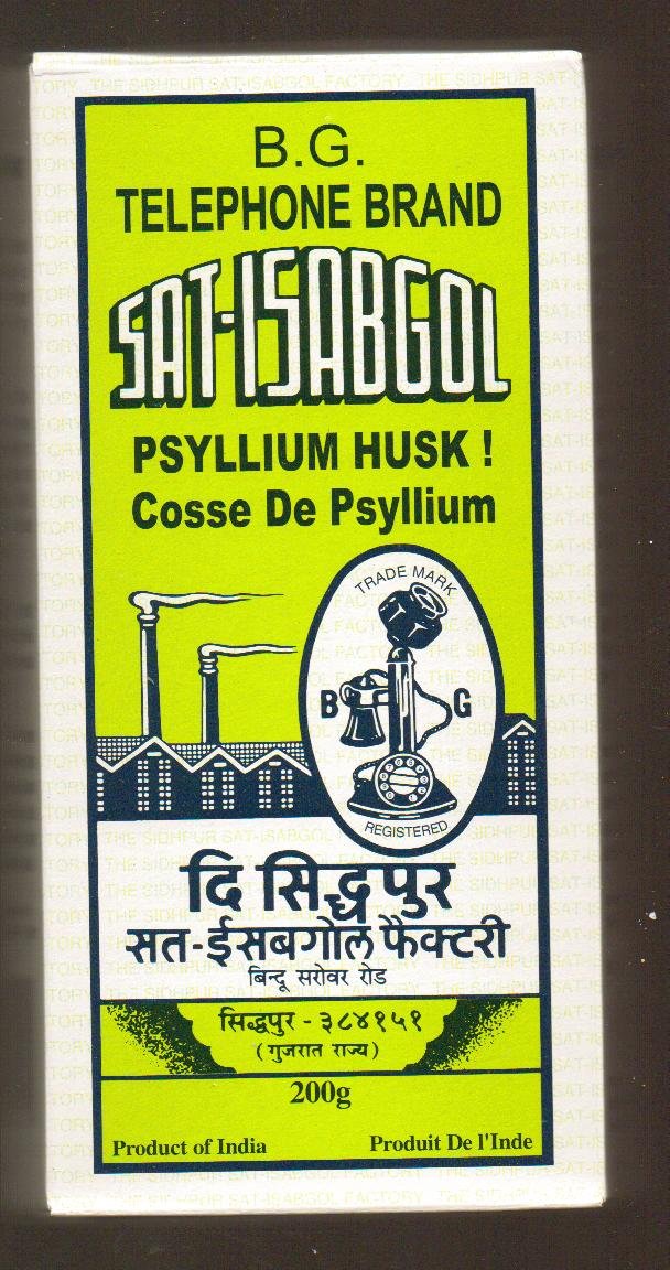 Sat Isabgol psyllium boîte: fibre naturelle utile avec eau pour le quotidien.