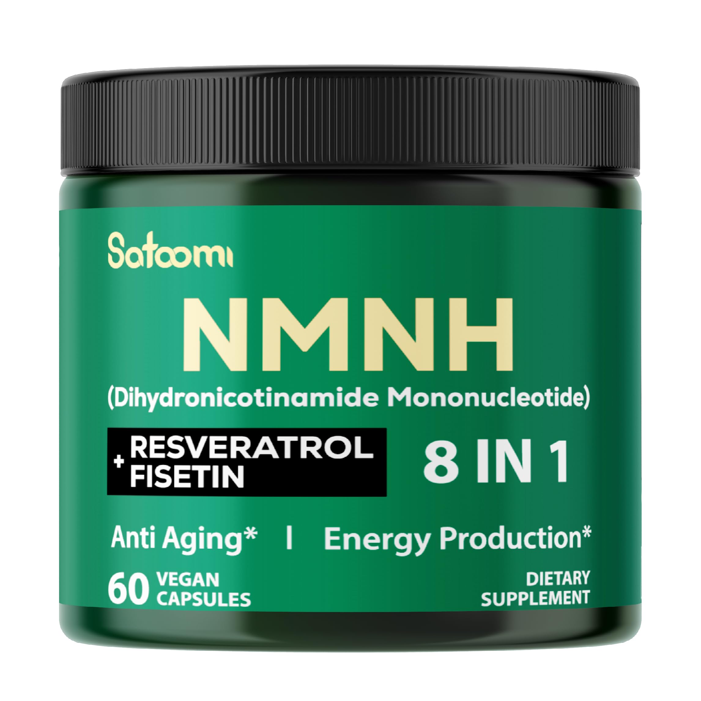Bouteille Satoomi 8en1 NMNH avec 60 capsules, pratique au quotidien.