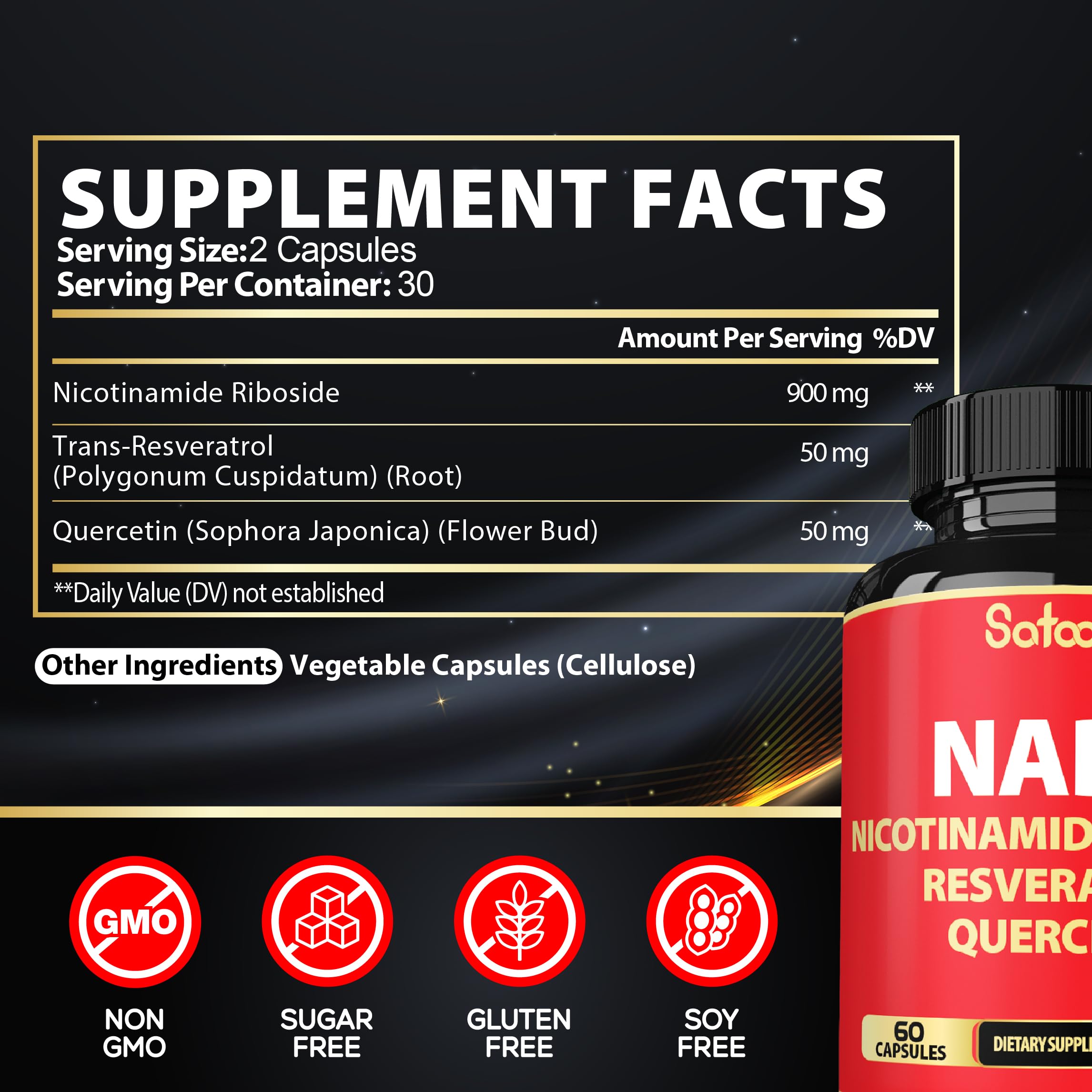 Satoomi NAD avec résveratrol et quercétine : efficacité potentielle en capsules.