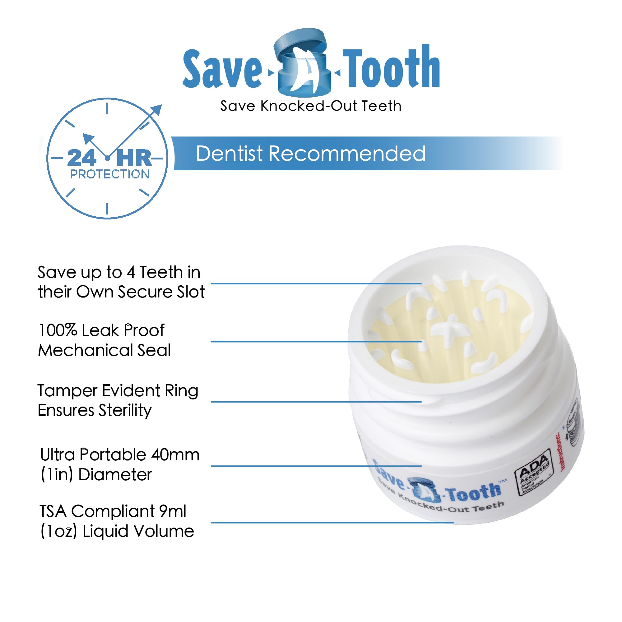 Save-A-Tooth étui hermétique, rangement sûr et étanche.