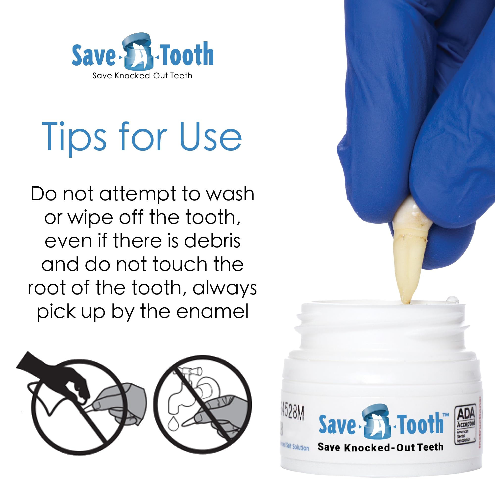 Save-A-Tooth gants jetables, manipulation hygiénique lors d’urgence dentaire.