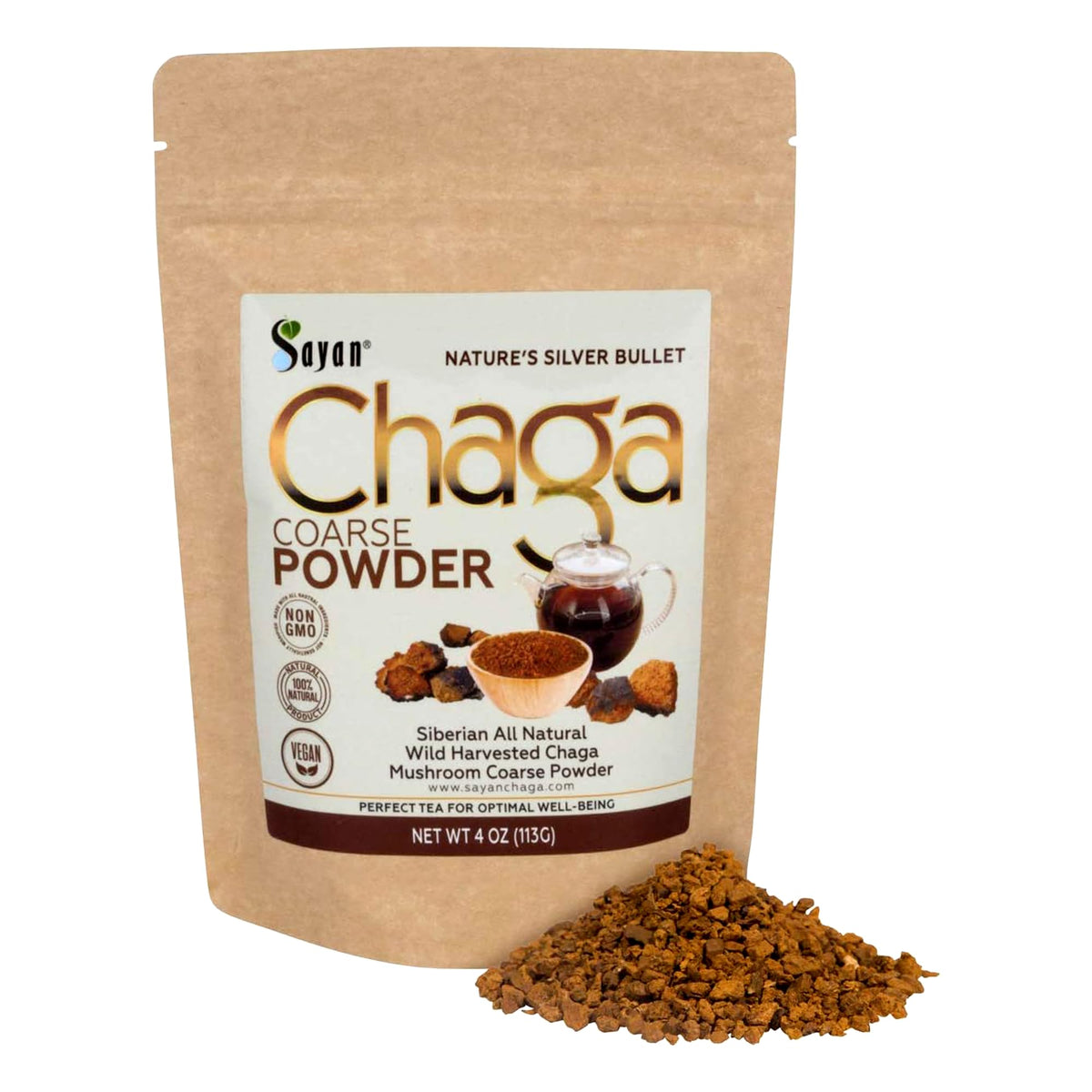 Sayan Chaga poudre brute 4oz prête pour infusion relaxante.