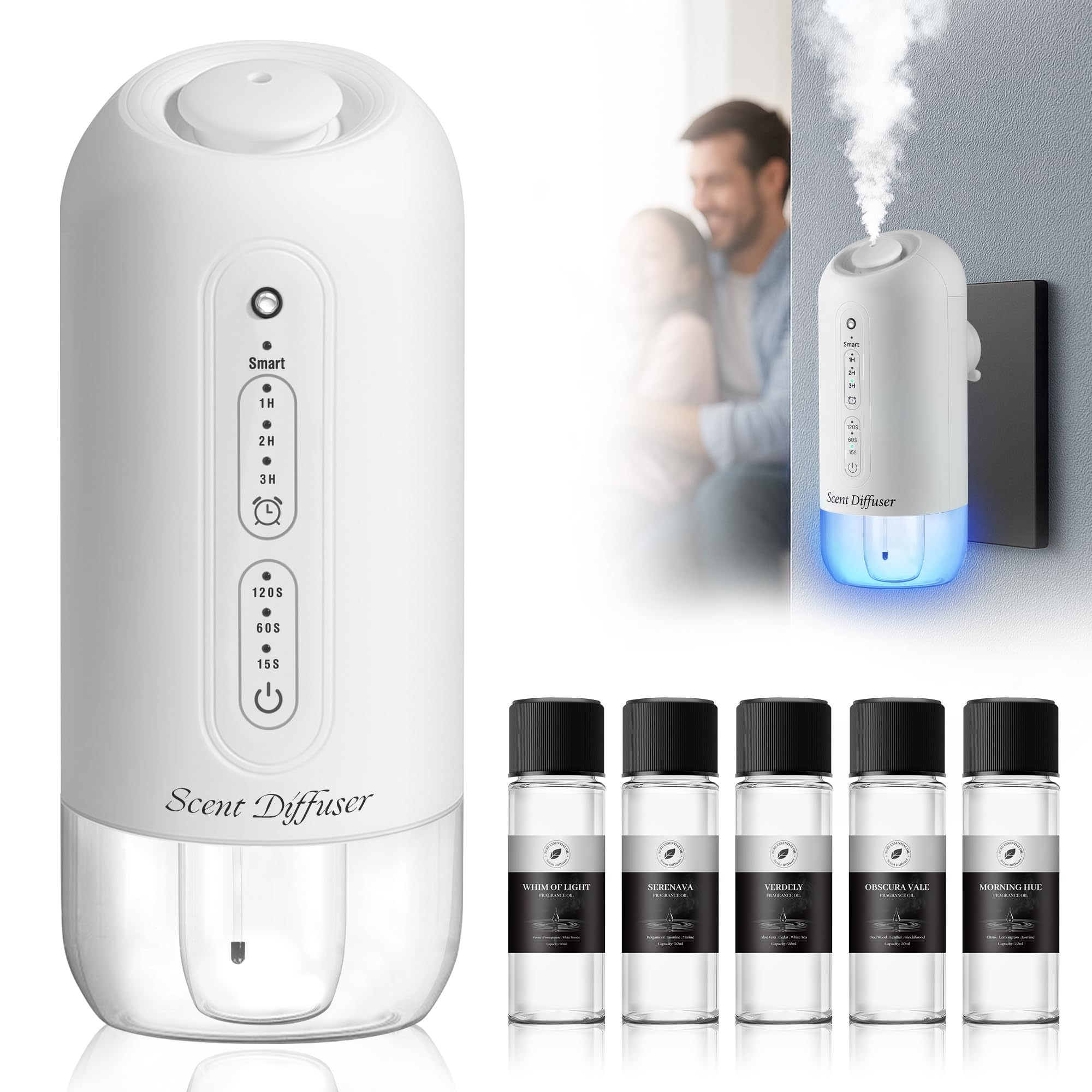 ScentDinbor diffuseur branche sur prise murale avec lumière ambiante bleue et arôme