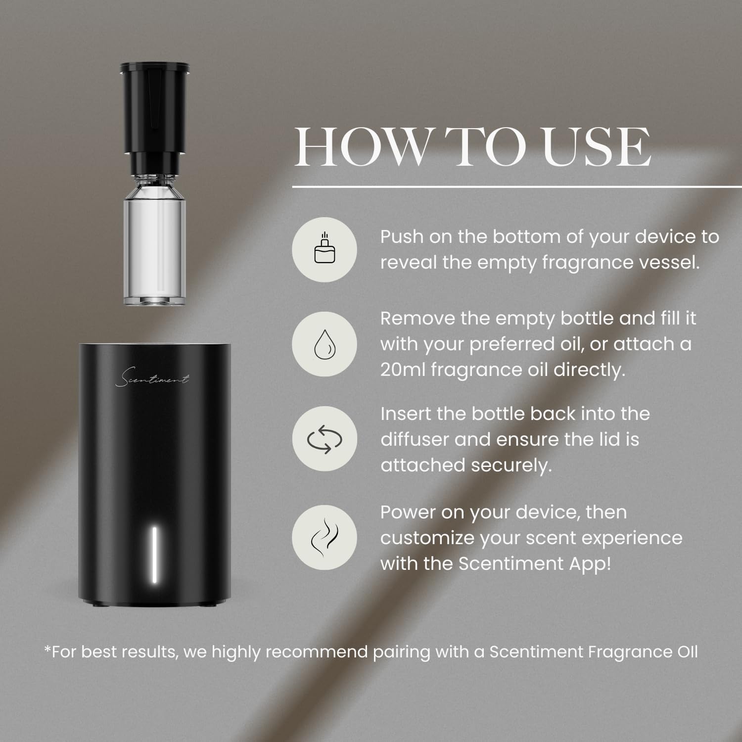 Scentiment Mini V2 – diffusion par air froid sans chaleur ni résidu.