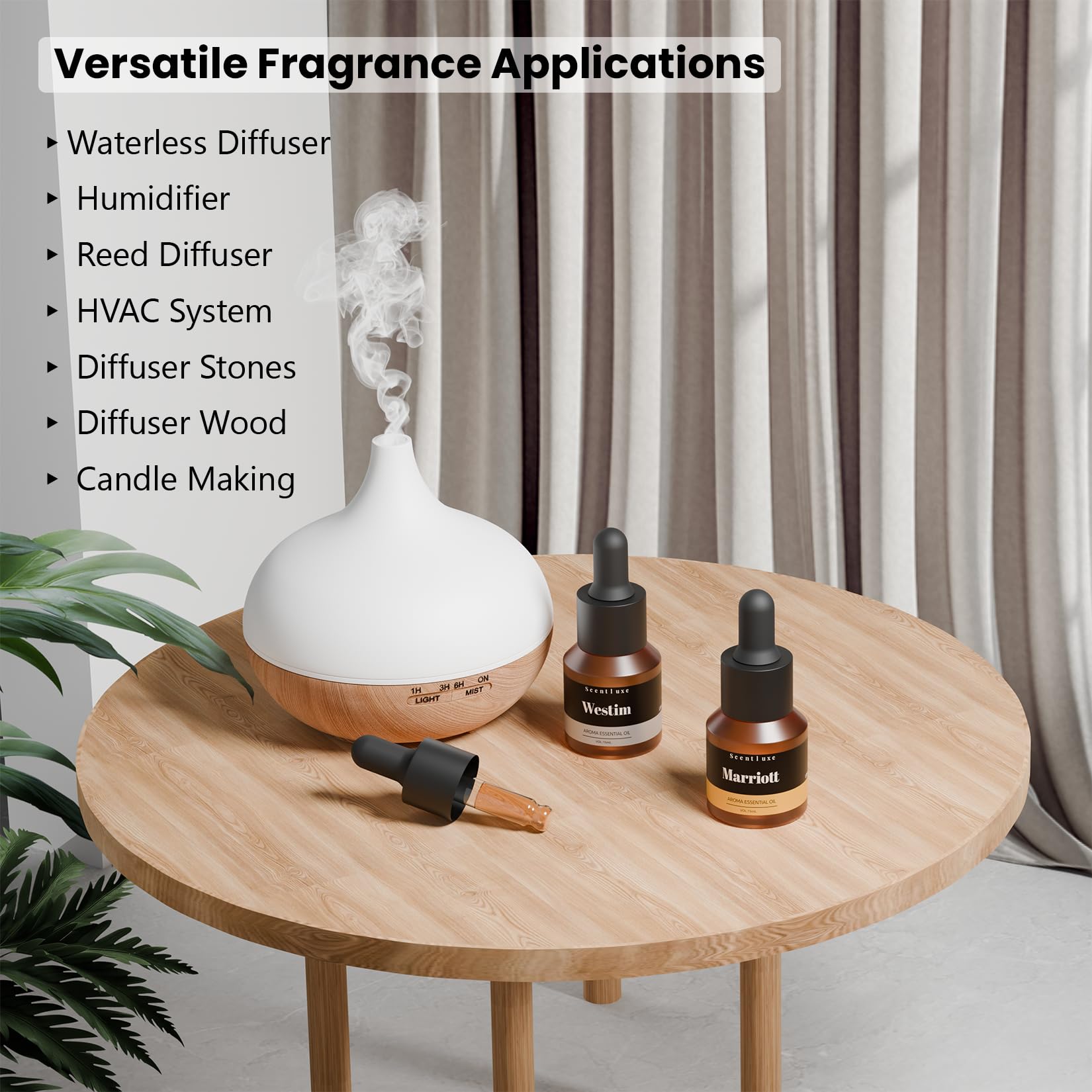 Scentluxe Hotel Essential Oils, diffuseur-ultrasonique, diffusion silencieuse adaptée à votre espace.