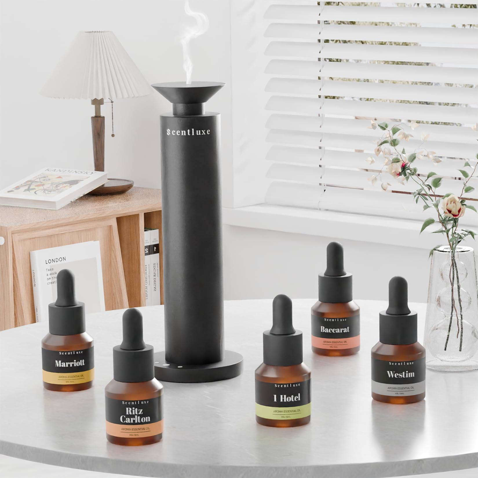 Scentluxe Hotel Essential Oils, rose-musc, note florale veloutée pour des environnements raffinés.