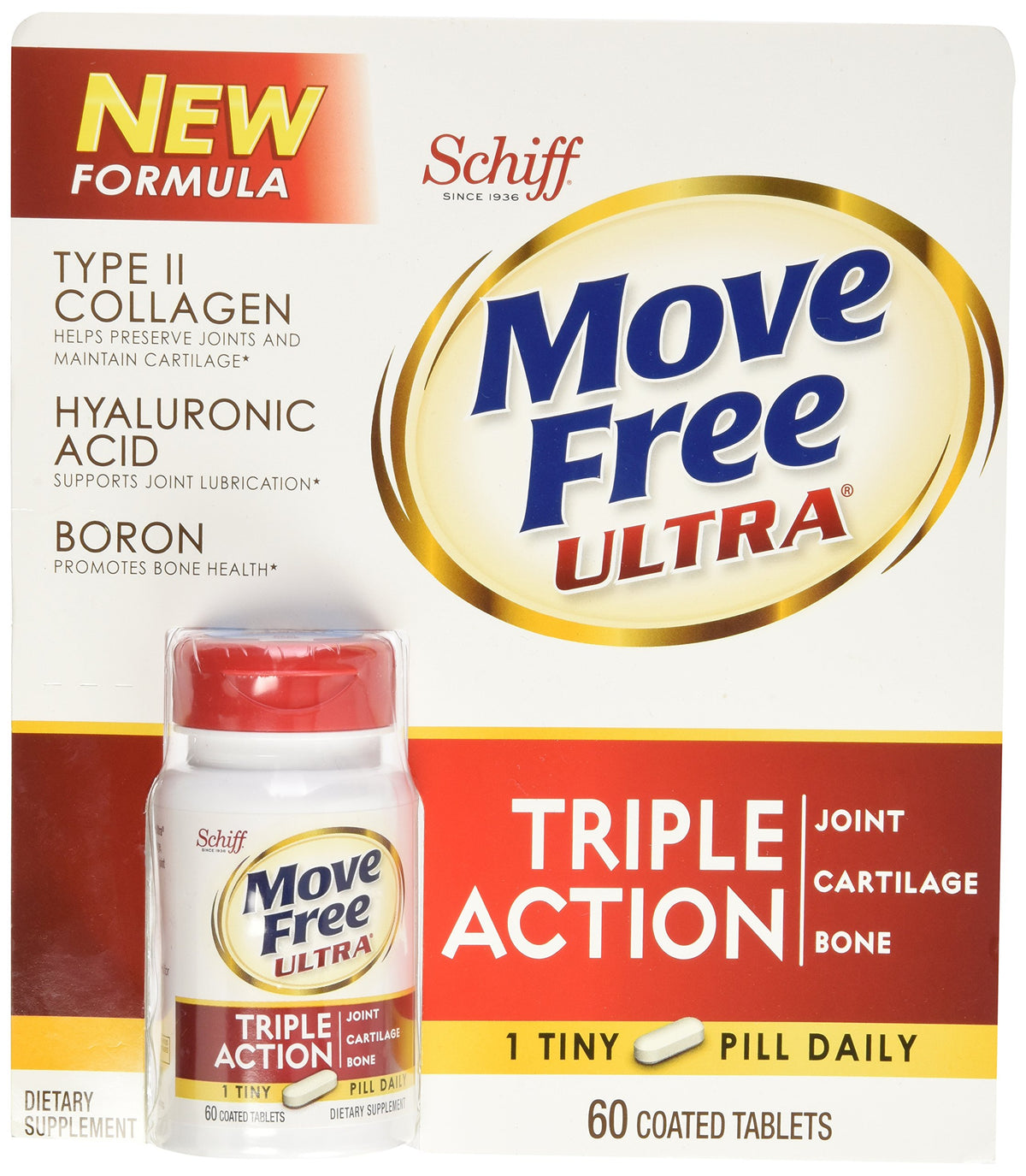 Schiff Move Free Ultra, boîte de comprimés prête à l’emploi, soutien potentiel à la mobilité quotidienne.