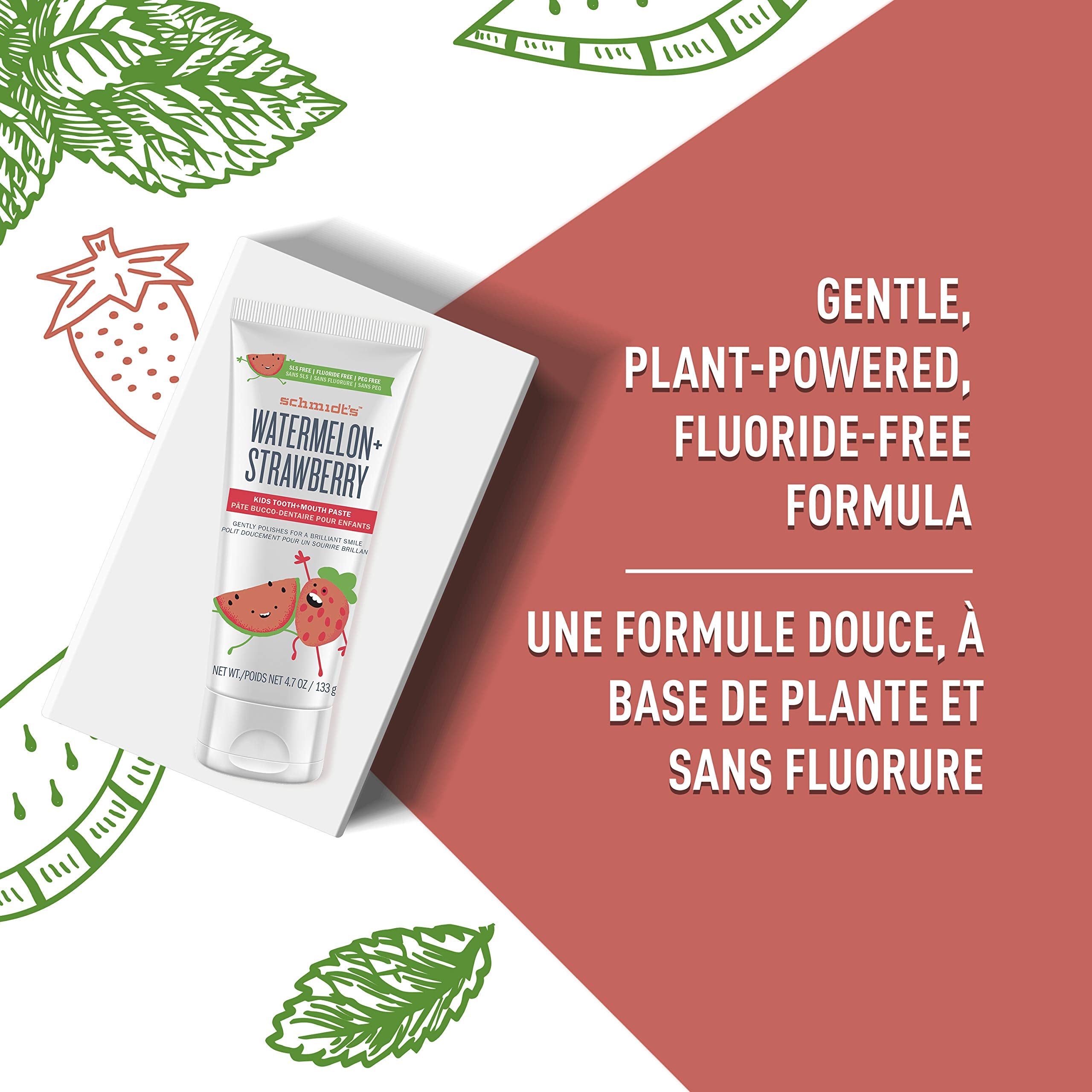 Schmidt's Enfants dentifrice Watermelon Strawberry, formule végétale douce pour un brossage quotidien.