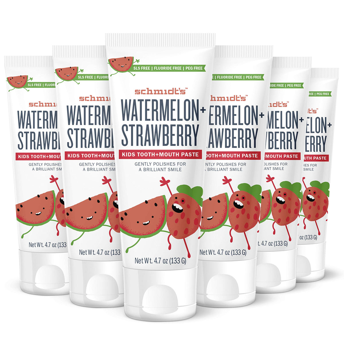 Schmidt's Enfants dentifrice Watermelon Strawberry, tube visible, goût fruité agréable et fraîcheur durable.
