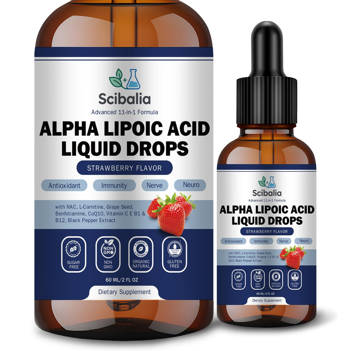 Flacon Scibalia gouttes acide alpha-lipoïque 1000 mg, soutien antioxydant quotidien