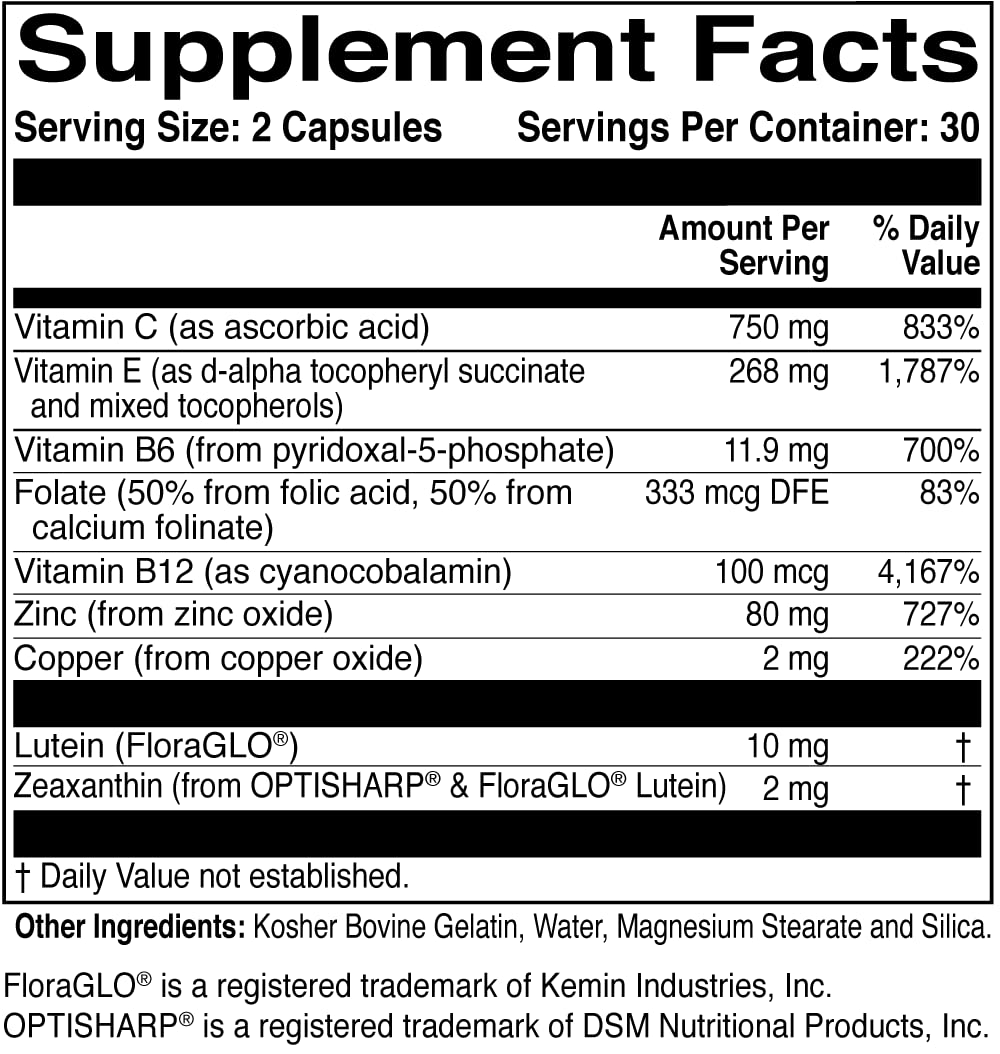 MacularProtect: étiquette produit montrant les nutriments clés pour la macula.