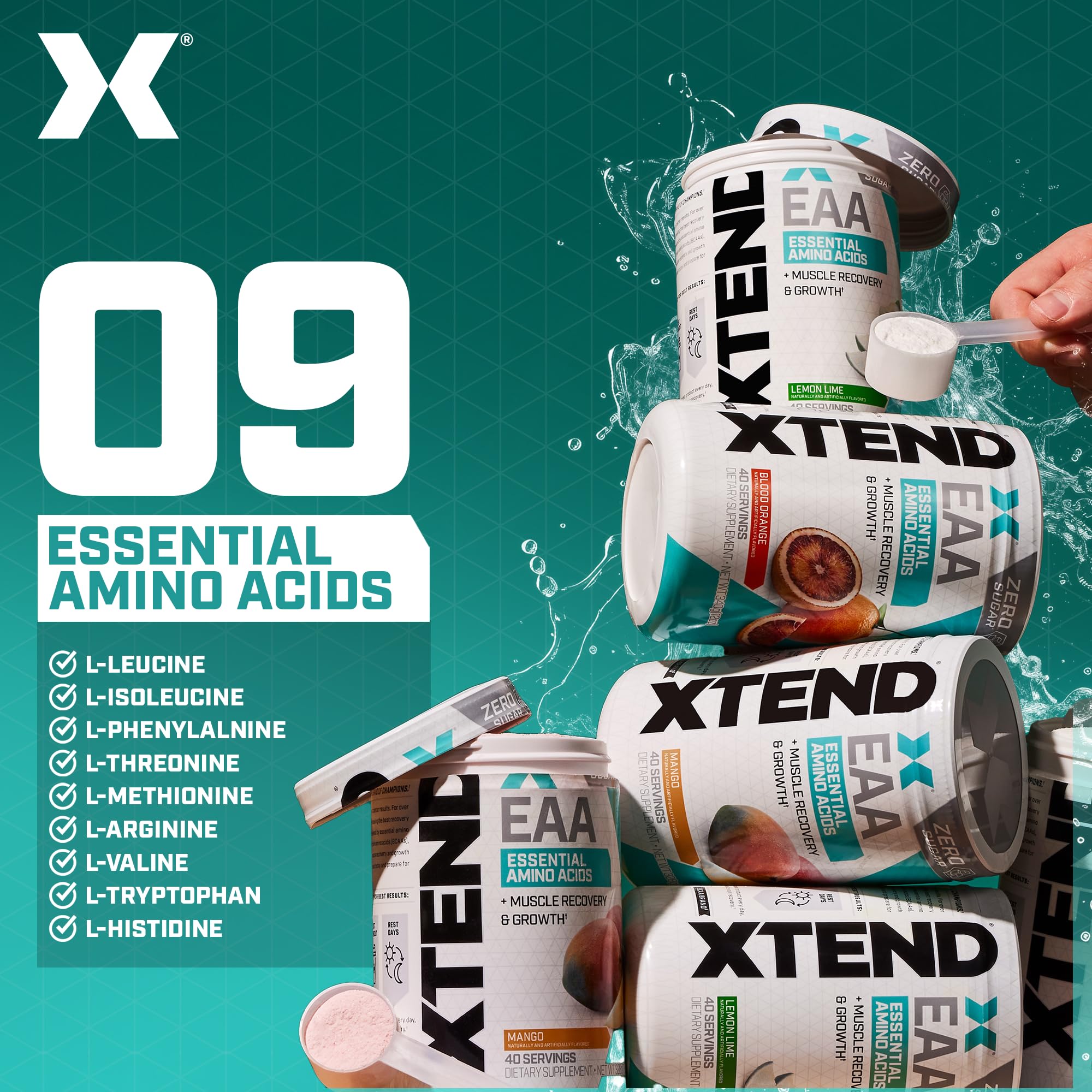 Xtend EAA Scivation — mélange rapide avec eau, goût mangue rafraîchissant.