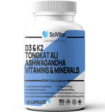 SciVital Ashwagandha et Tongkat Ali, capsules, soutien potentiel de l'énergie et du calme.