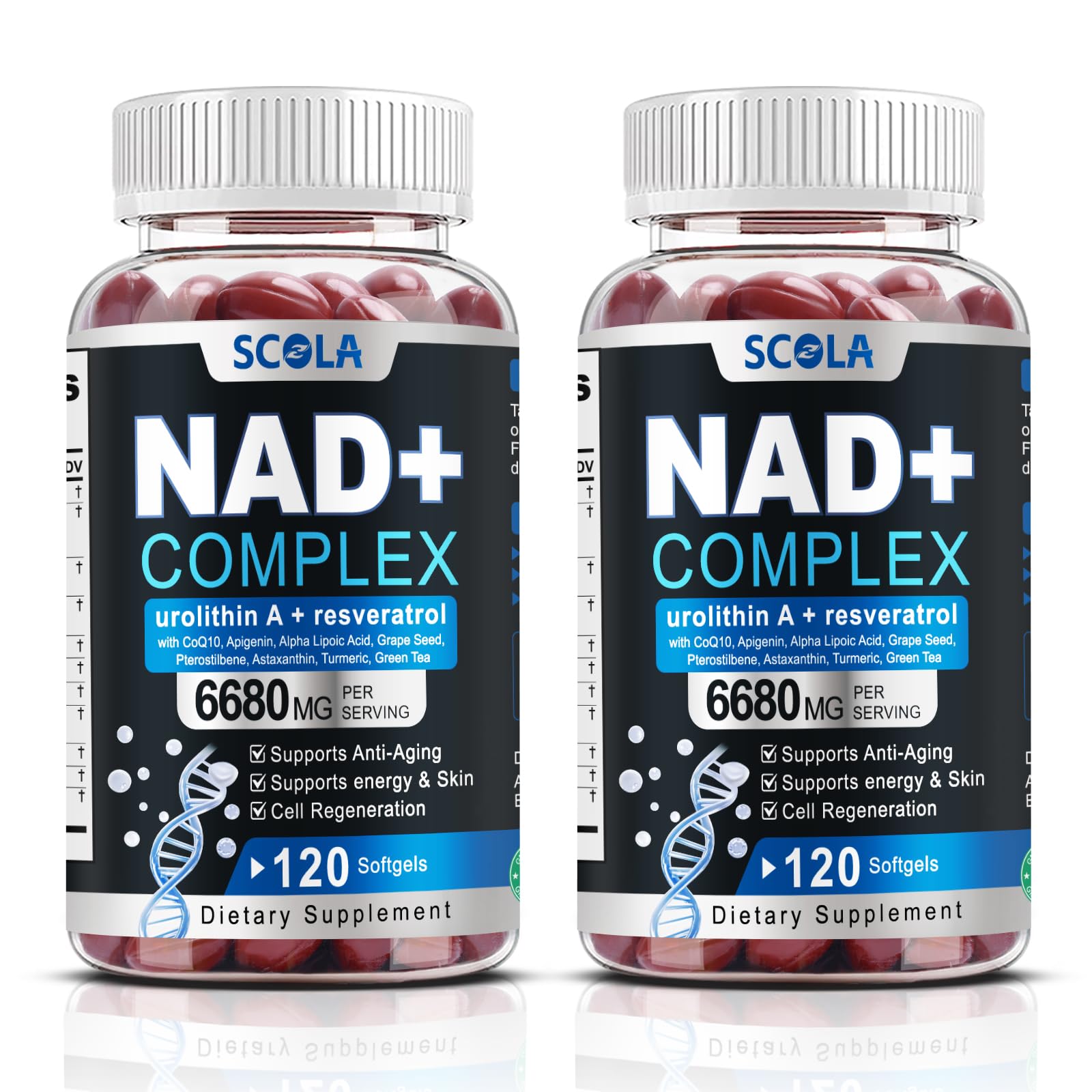 SCOLA NAD Softgels: bouteille pratique pour soutenir la vitalité cellulaire au quotidien.