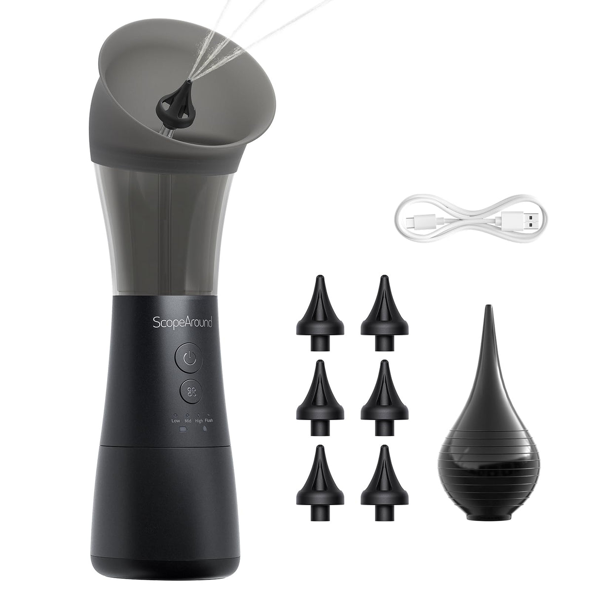 ScopeAround nettoyeur oreilles électrique avec réservoir intégré pour un nettoyage facilité.