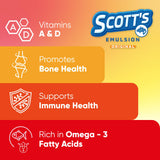 SCOTT'S EMULSION – etiquette ingrédients vitamines A et D, pour un apport quotidien pratique.