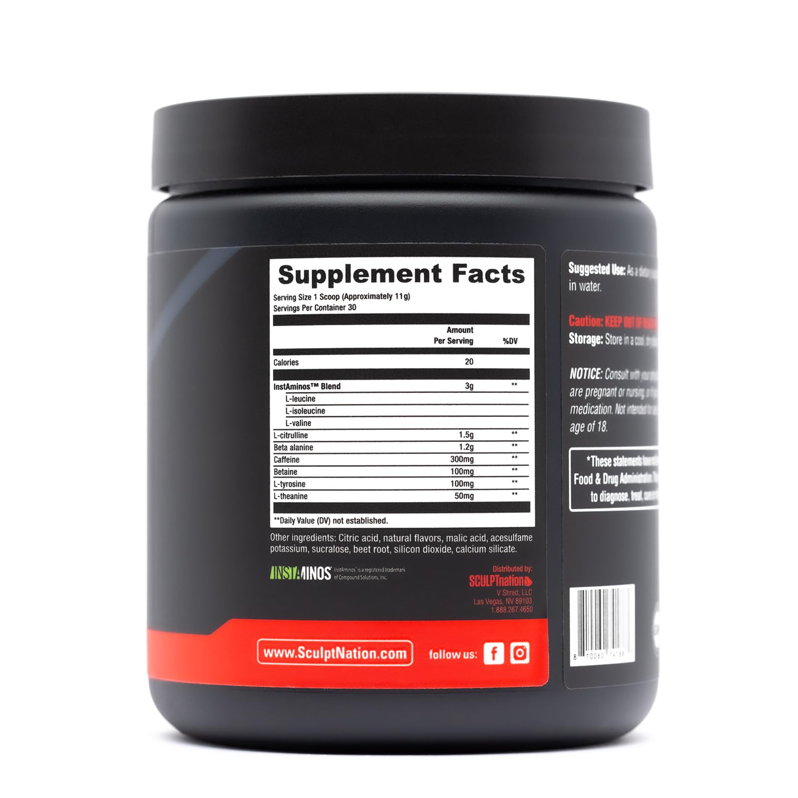 Sculpt Nation Preworkout Fruit Punch, détails des acides aminés et citrulline dans la composition.