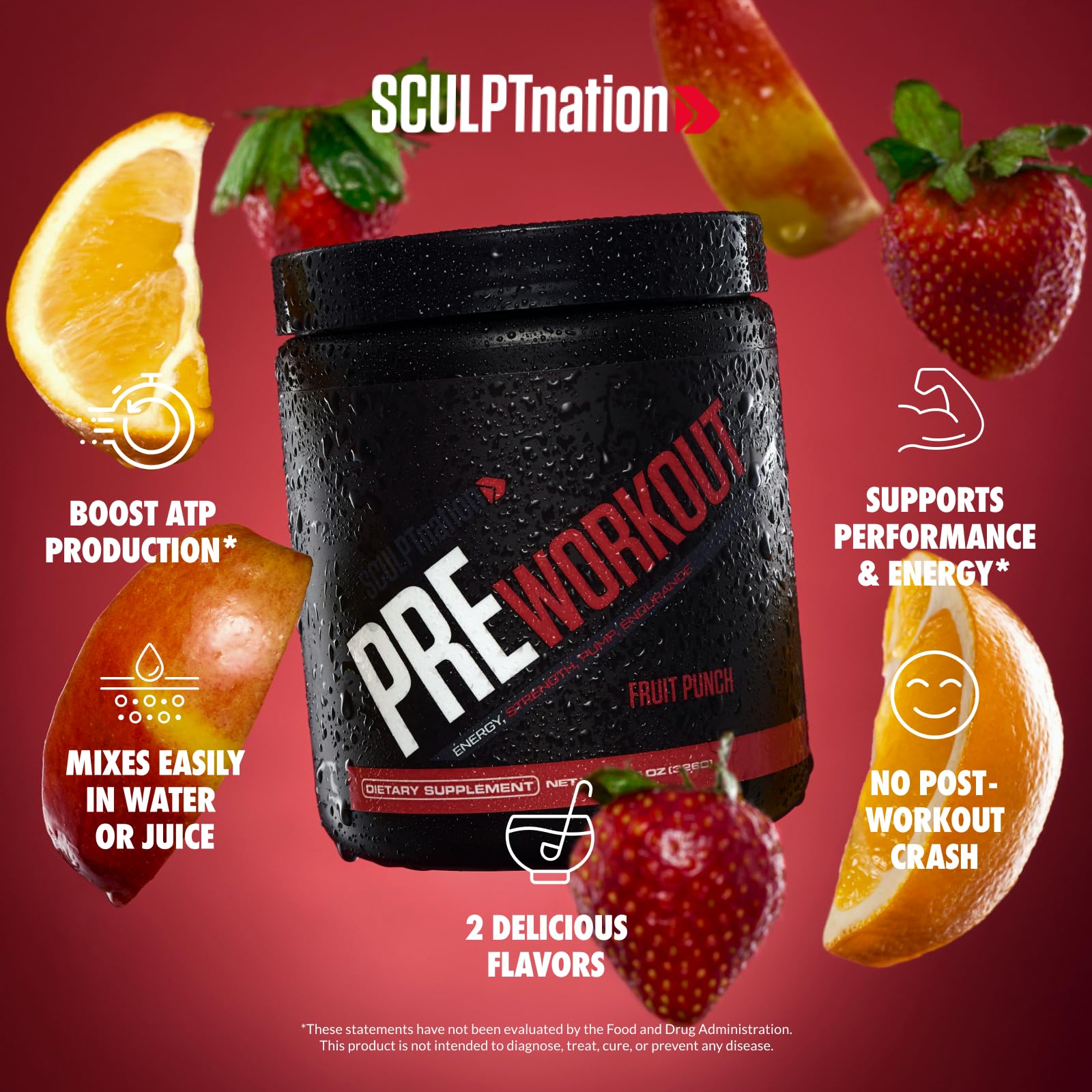 Sculpt Nation Preworkout Fruit Punch, poudre pré-entraînement prête à doser pour plus d’énergie.