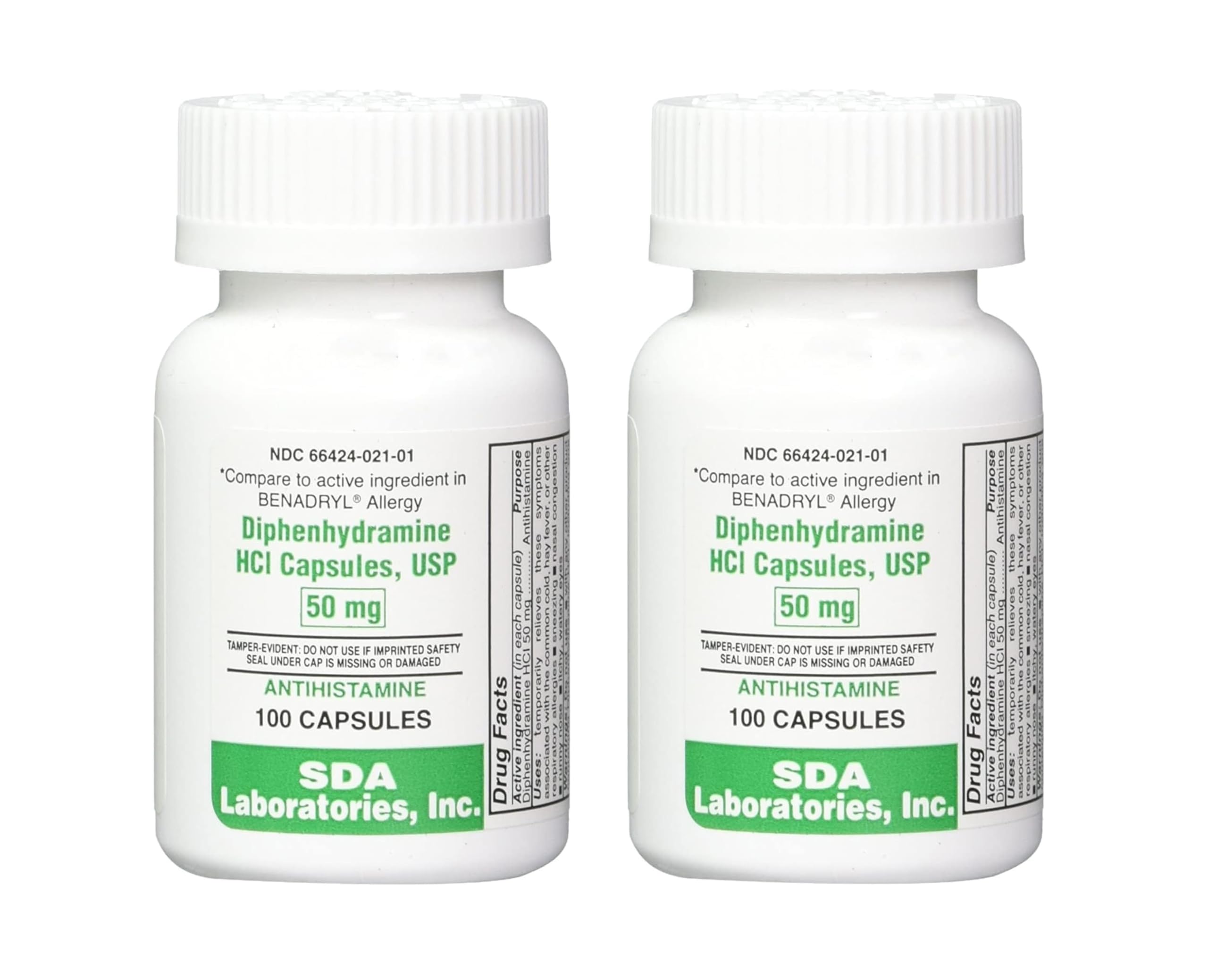 SDA LABORATORIES Diphenhydramine 50 mg — bouteille pour soulagement possible des symptômes allergiques.