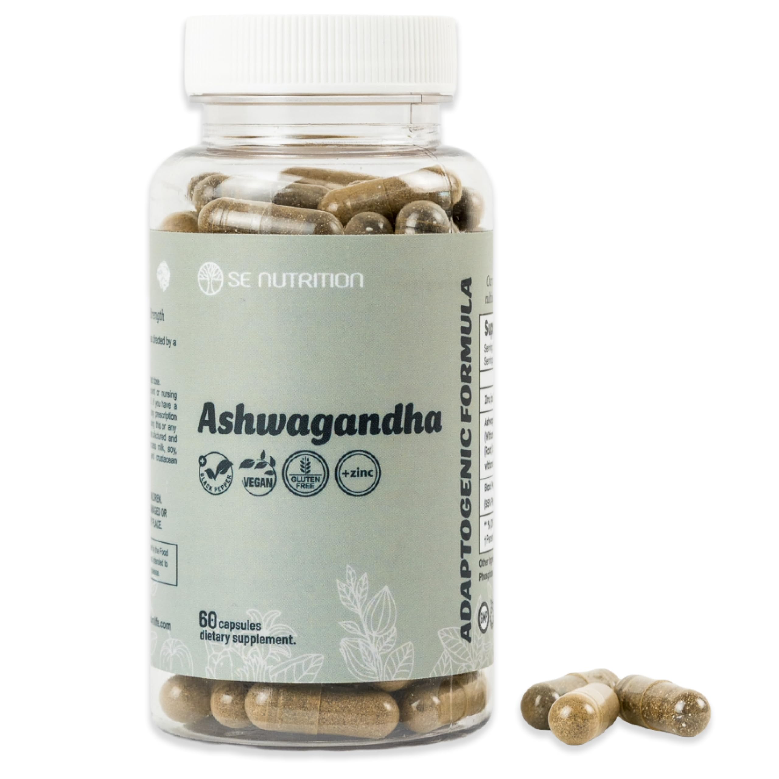 SE Nutrition Ashwagandha en capsules dans la bouteille, pratique au quotidien.