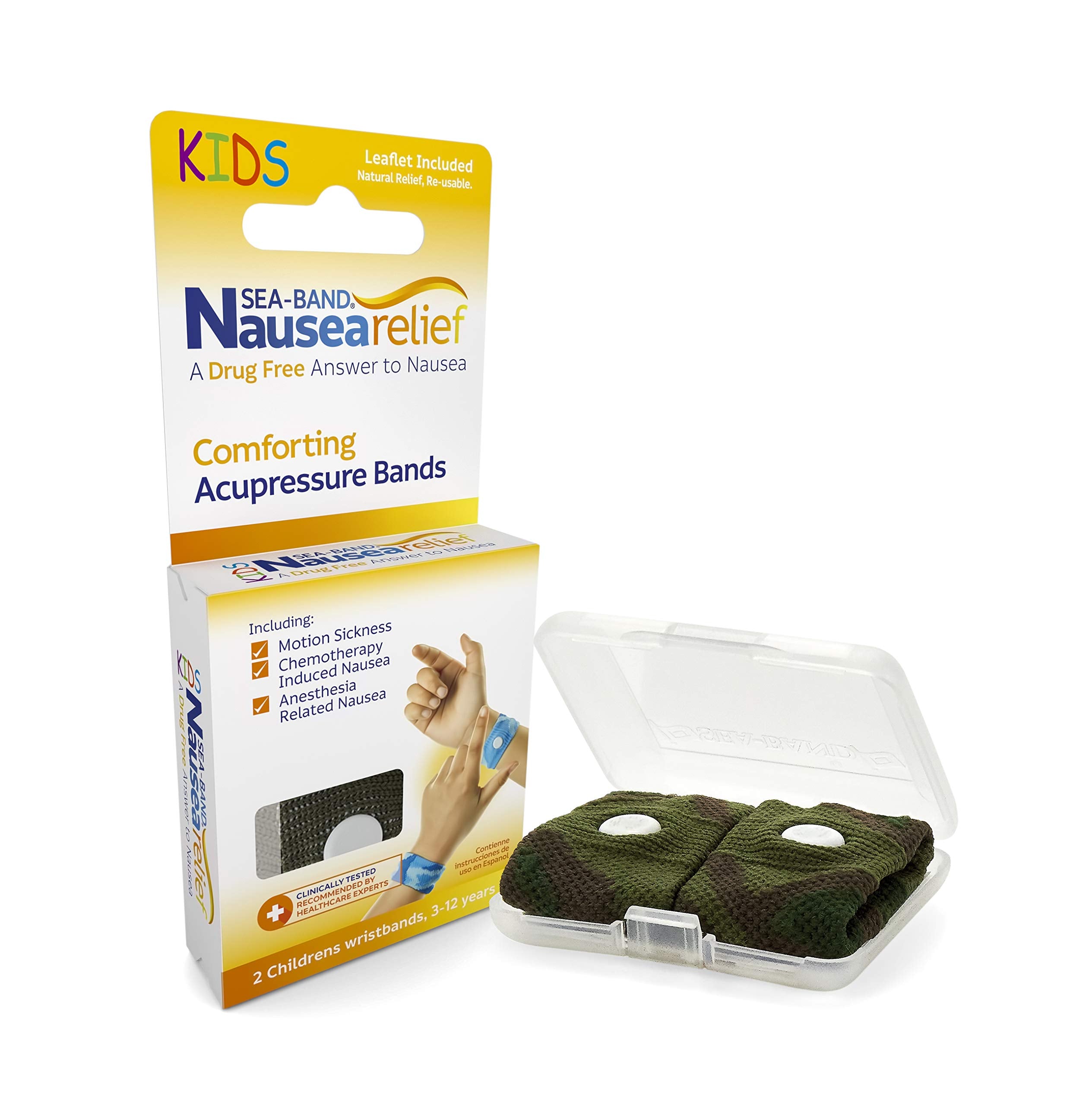 Sea-Band poignet anti-nausée camouflage, soulage rapidement sans médicament.