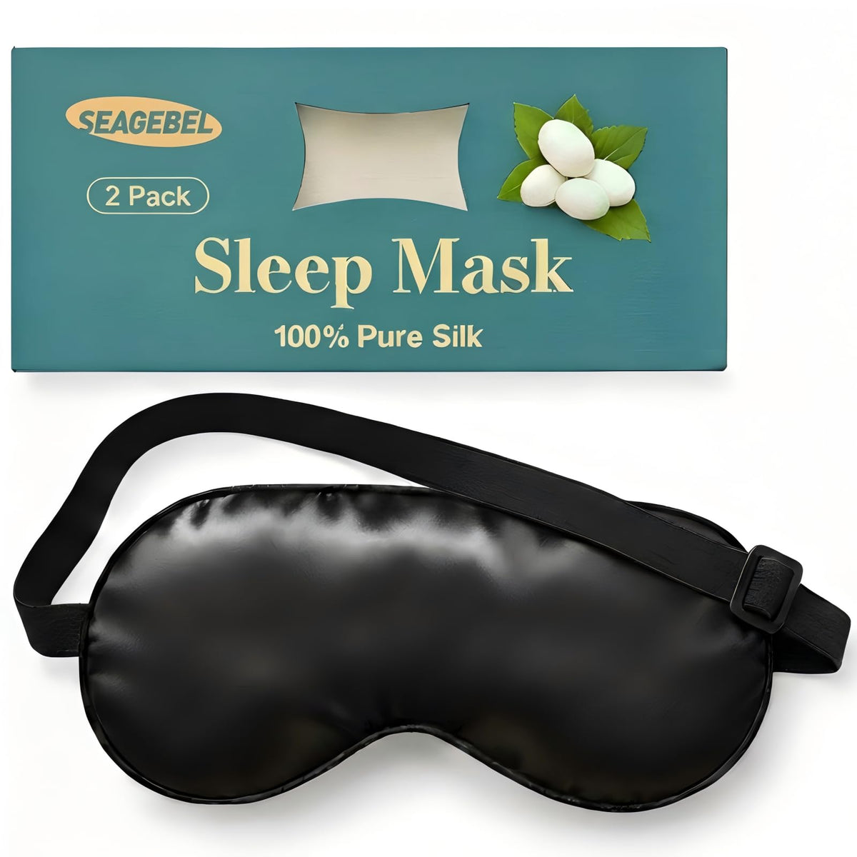 SEAGEBEL masque yeux vue frontale, confort nocturne grâce à la soie Mulberry.