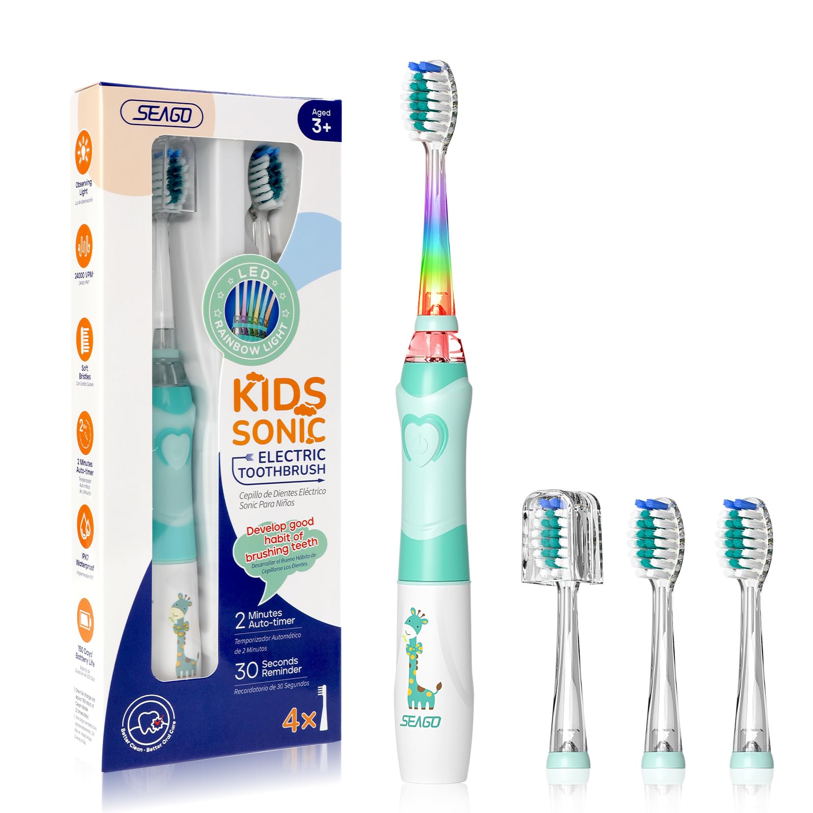 SEAGO SG-977, brosse pour enfants arc-en-ciel lumineuse, rend le brossage ludique et sécurisé.