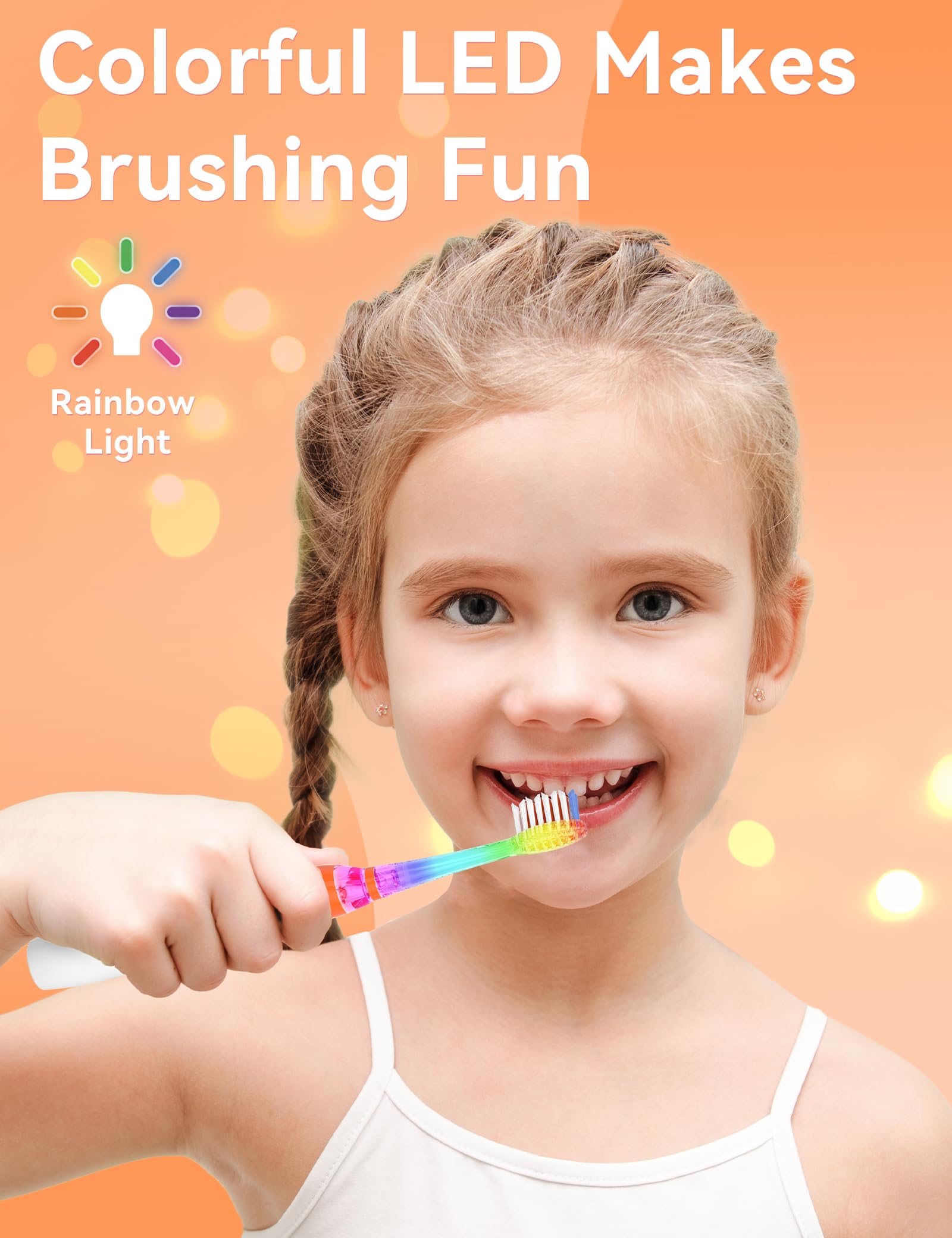 SEAGO brosse enfant orange avec LED arc-en-ciel, aspect ludique du brossage.