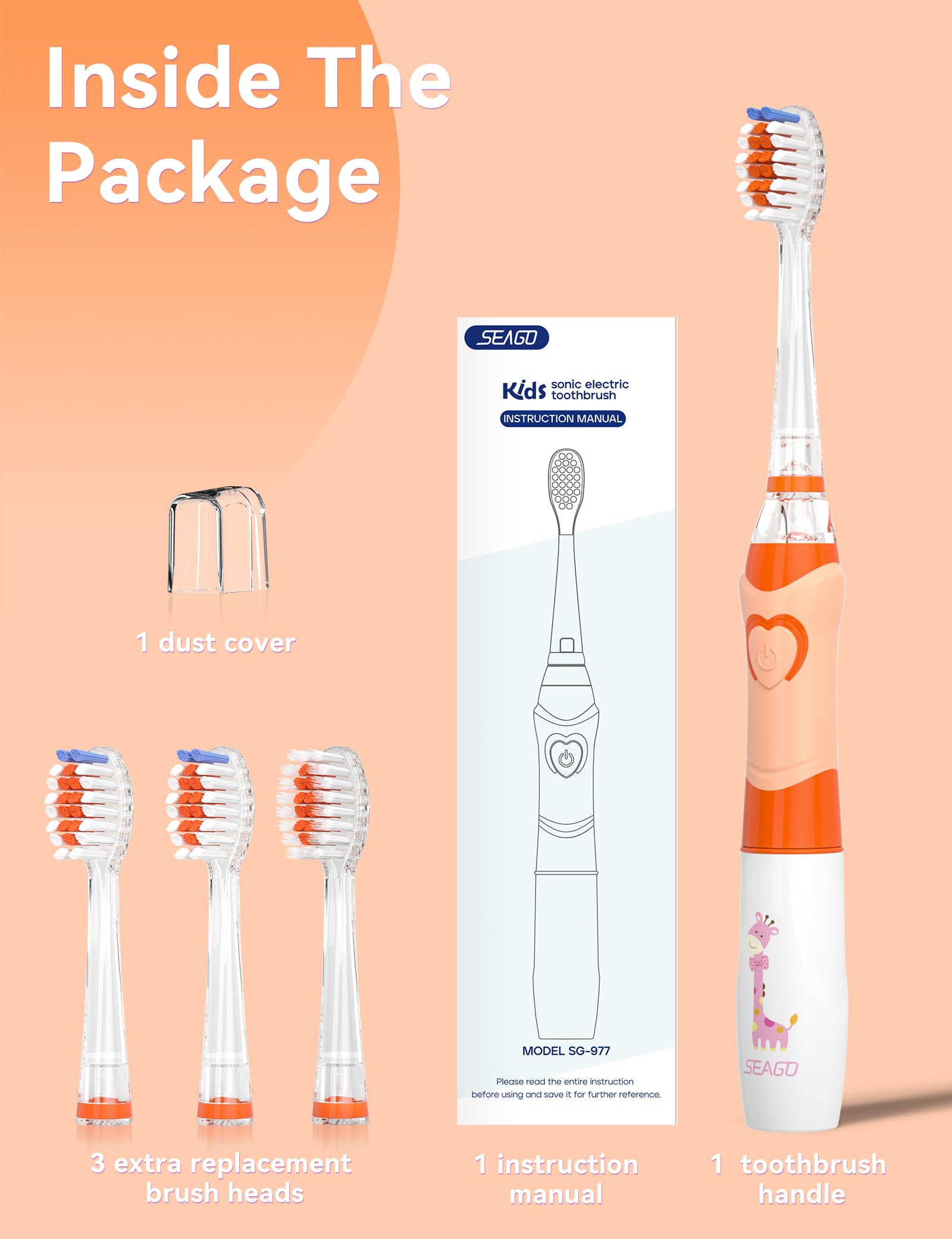 Brosse SEAGO enfants alimentée par pile AAA, autonomie longue et pratique.