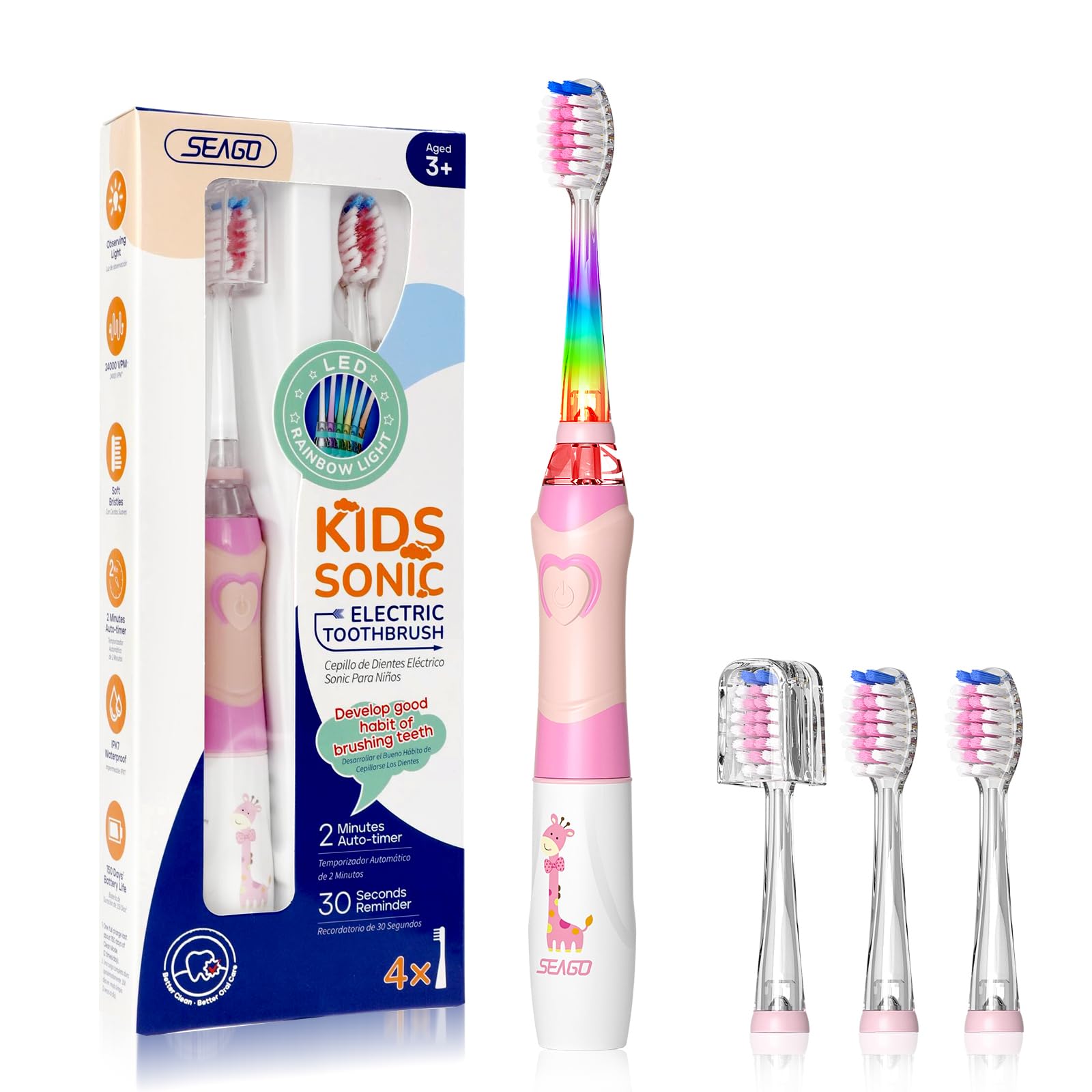 SEAGO brosse d'enfants avec LED arc-en-ciel, design ludique pour encourager le brossage quotidien.