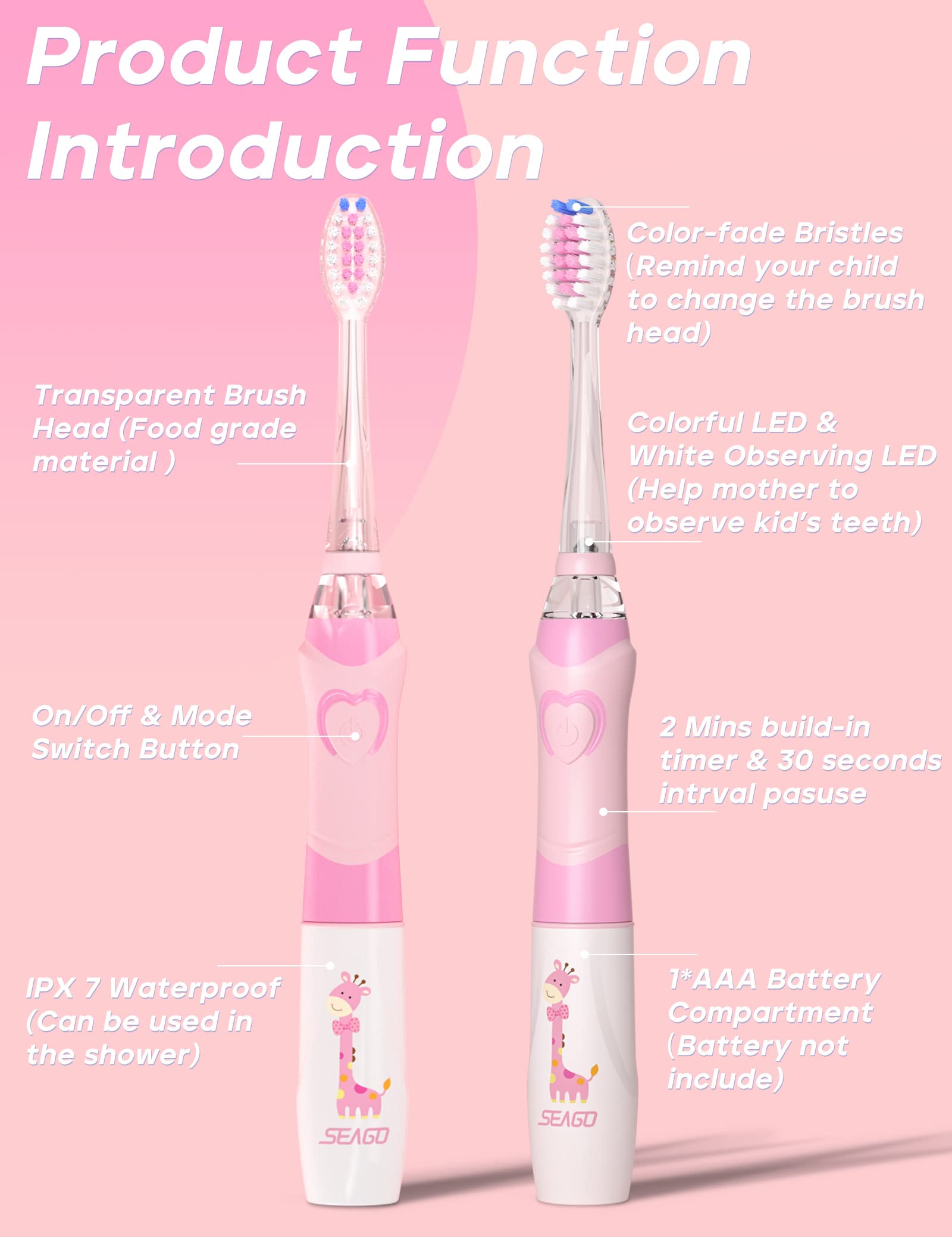 SEAGO brosse enfant IPX7 étanche, nettoyage facile après l'usage.