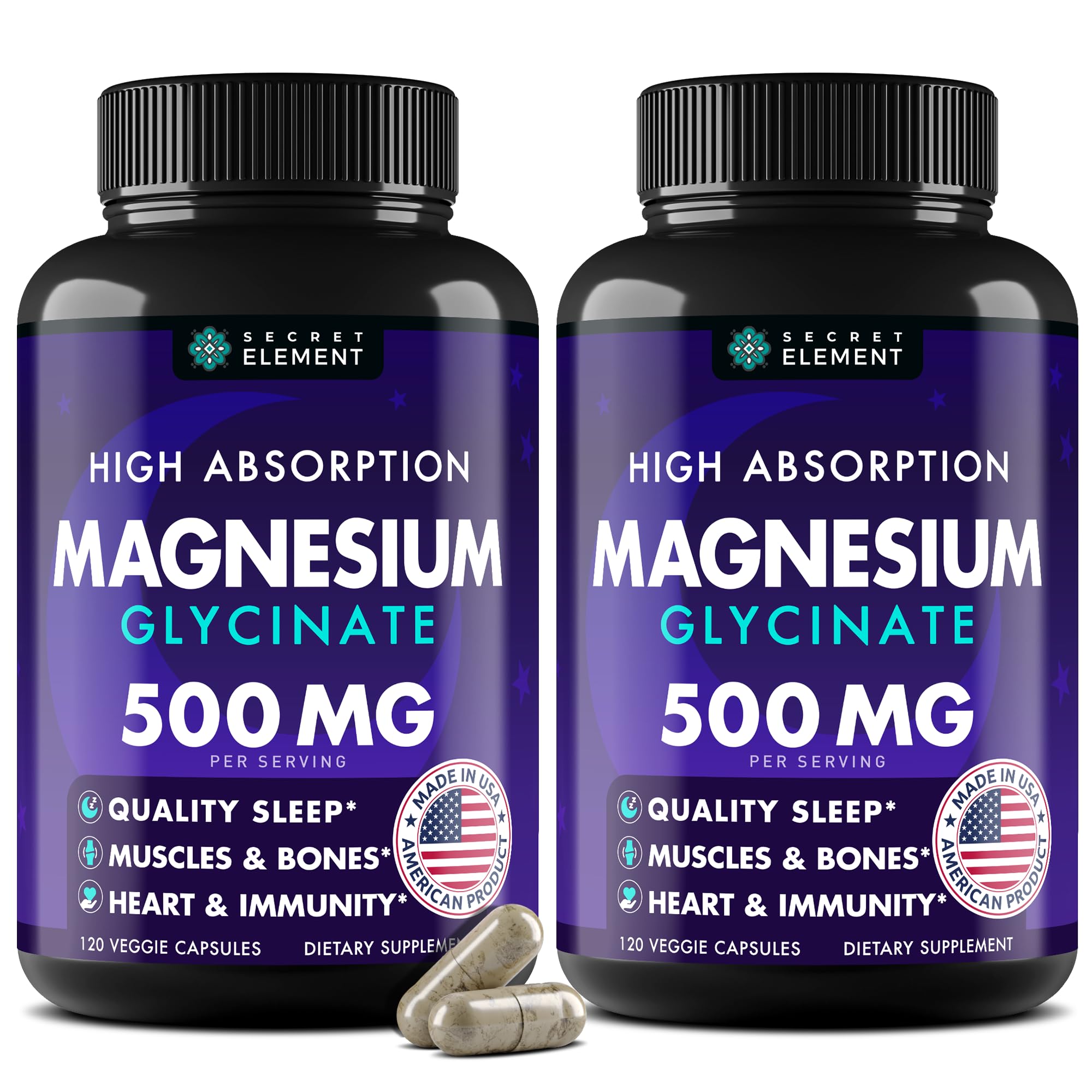 Secret Element Magnésium Glycinate 500 mg capsules, apport quotidien pratique.