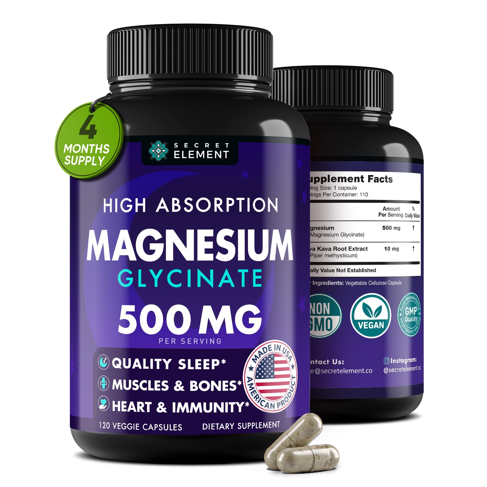 Secret Element Magnésium Glycinate 500 mg, capsules: ingestion facile pour votre routine quotidienne.