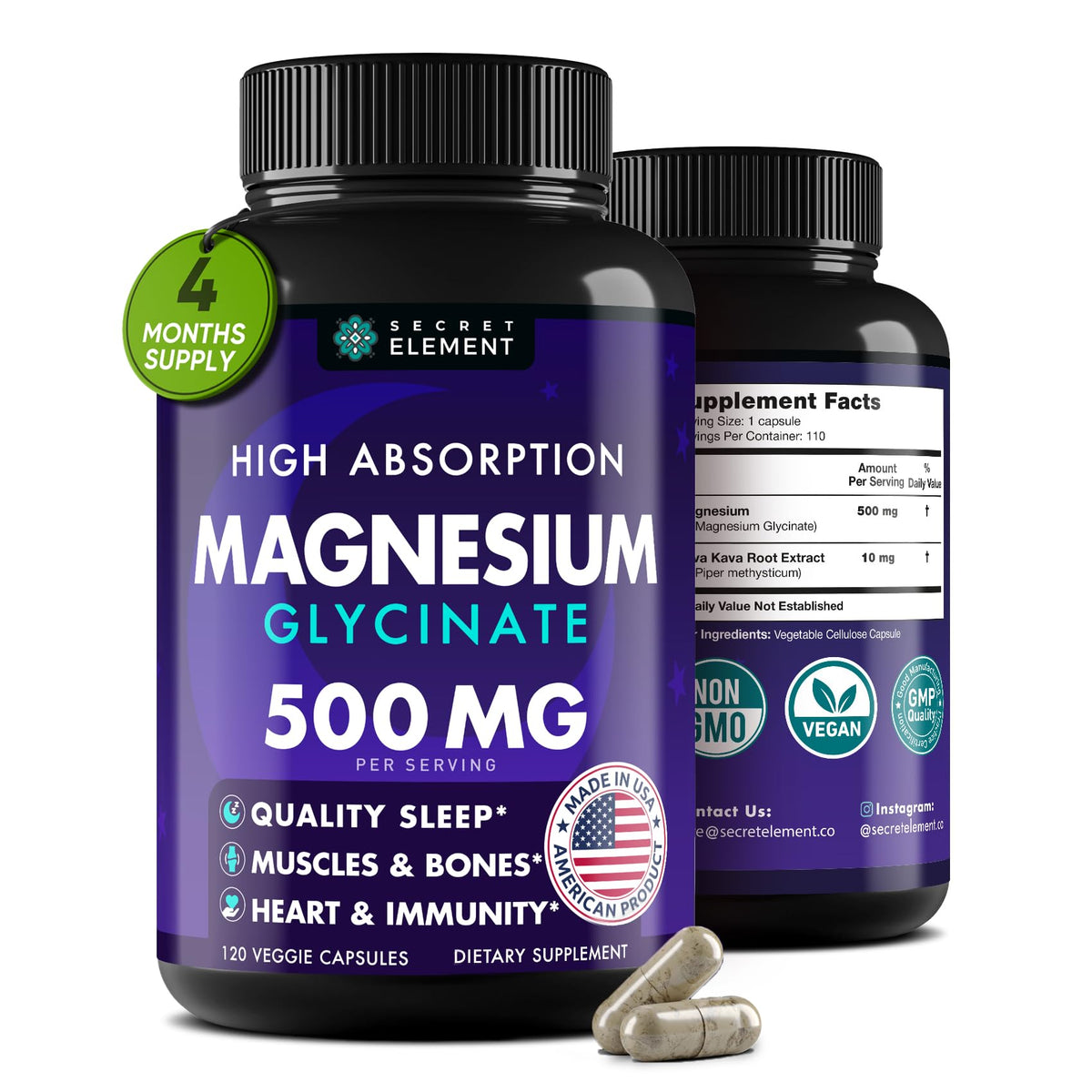 Secret Element Magnésium Glycinate 500 mg, capsules: ingestion facile pour votre routine quotidienne.