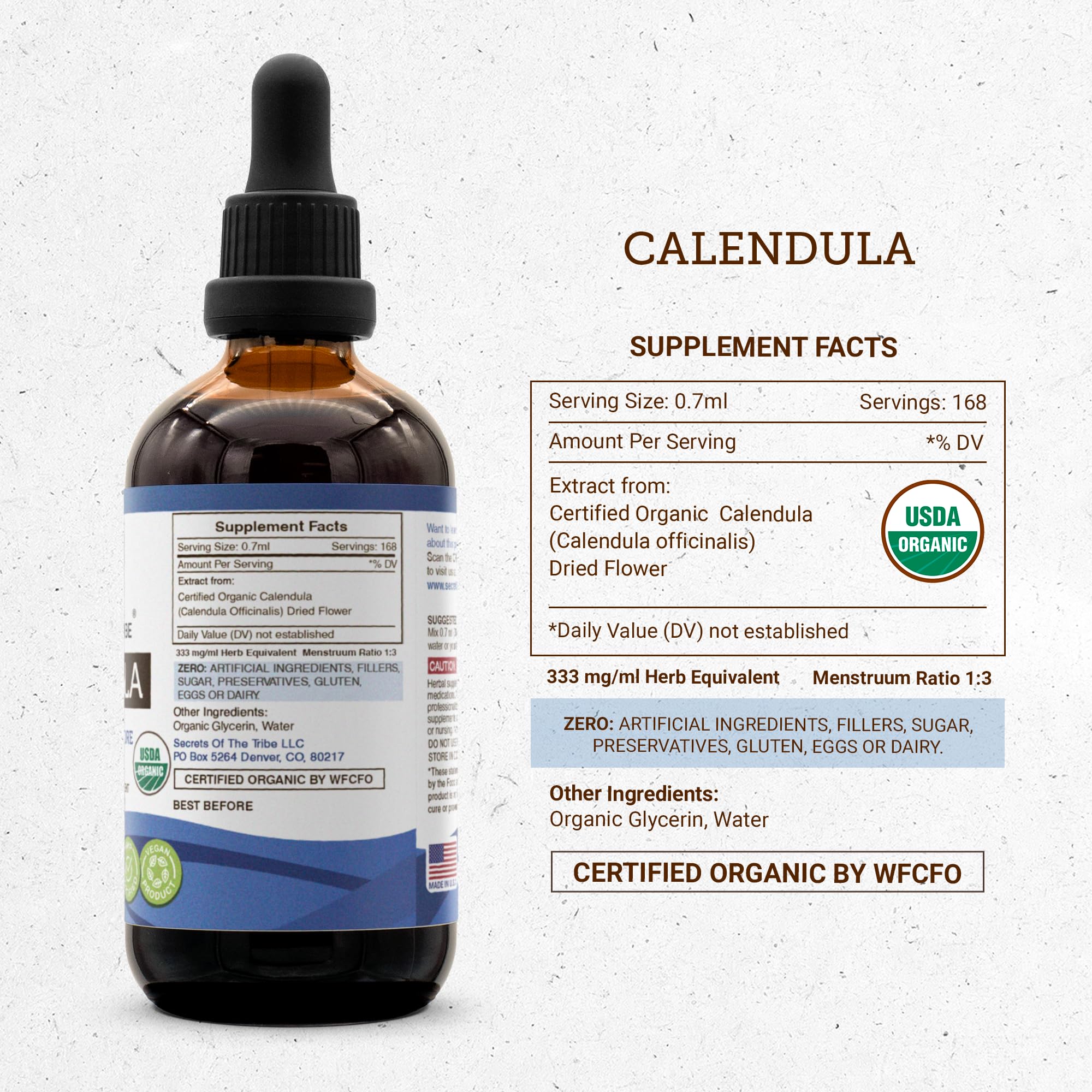 Secrets de la Tribu Calendula emballage certifié USDA Organic et traçabilité.