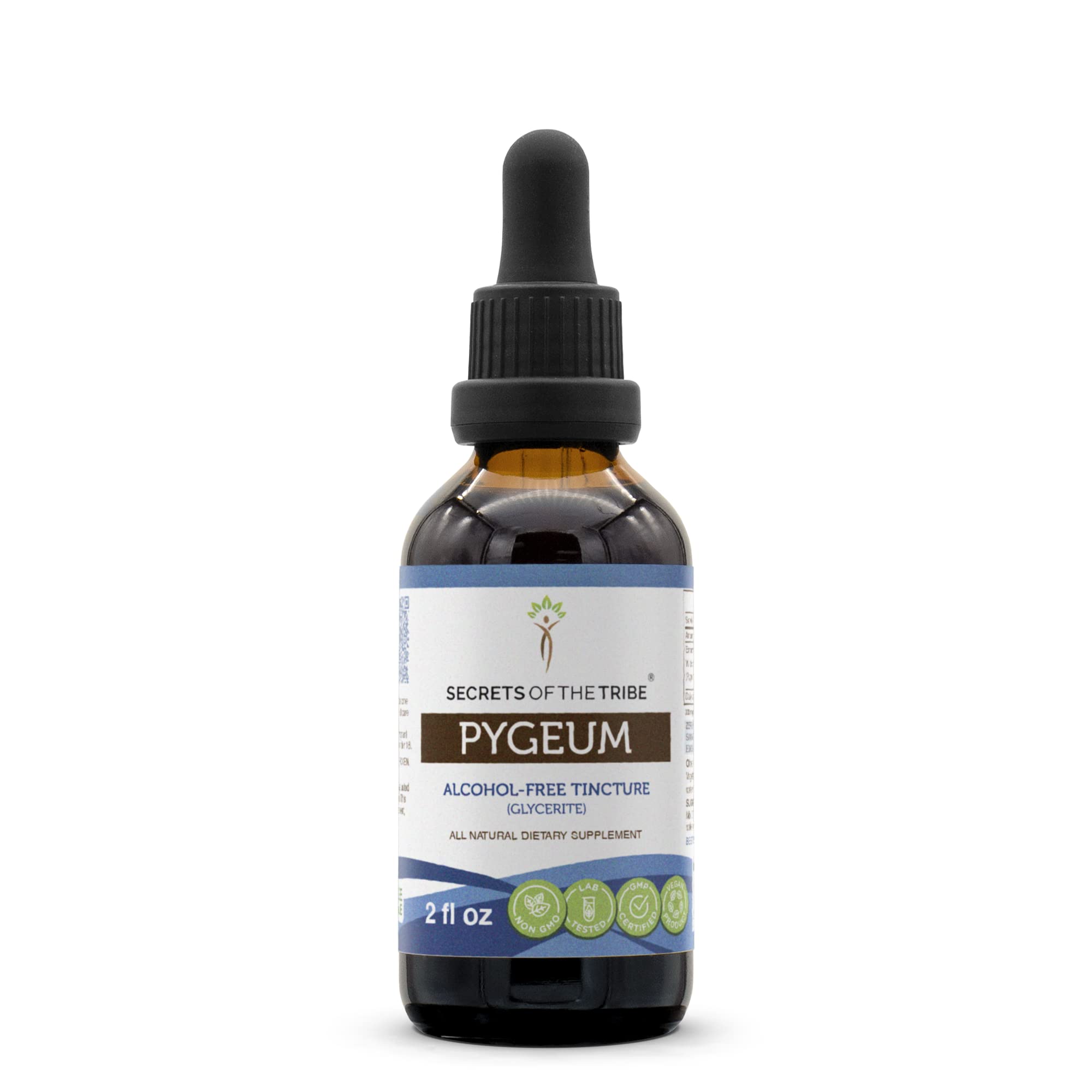 Secrets of the Tribe Pygeum Tincture – bouteille sans alcool prête à l'emploi.