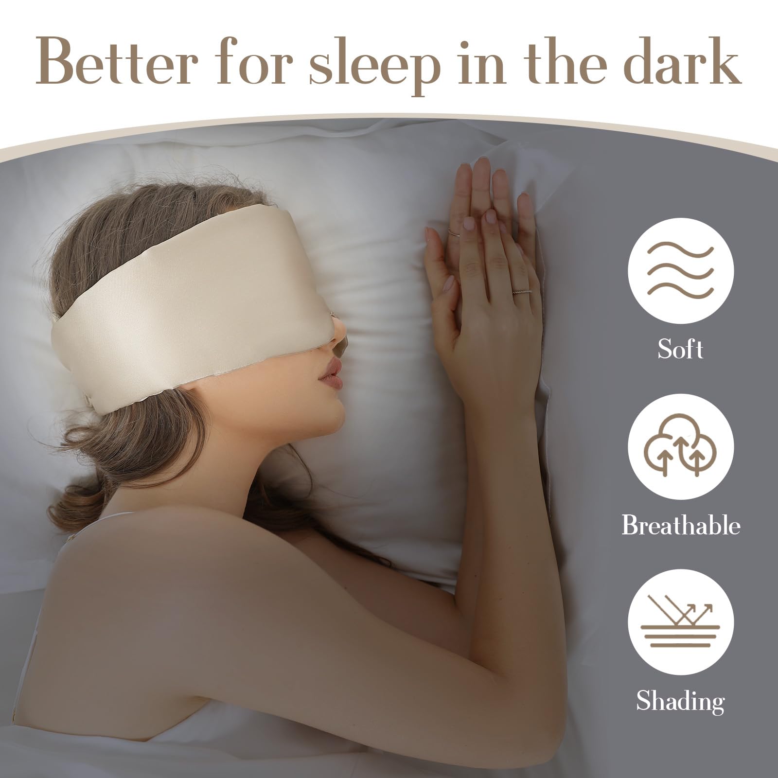 SECZIPE masque yeux en soie taupe avec bande réglable pour ajustement personnalisé