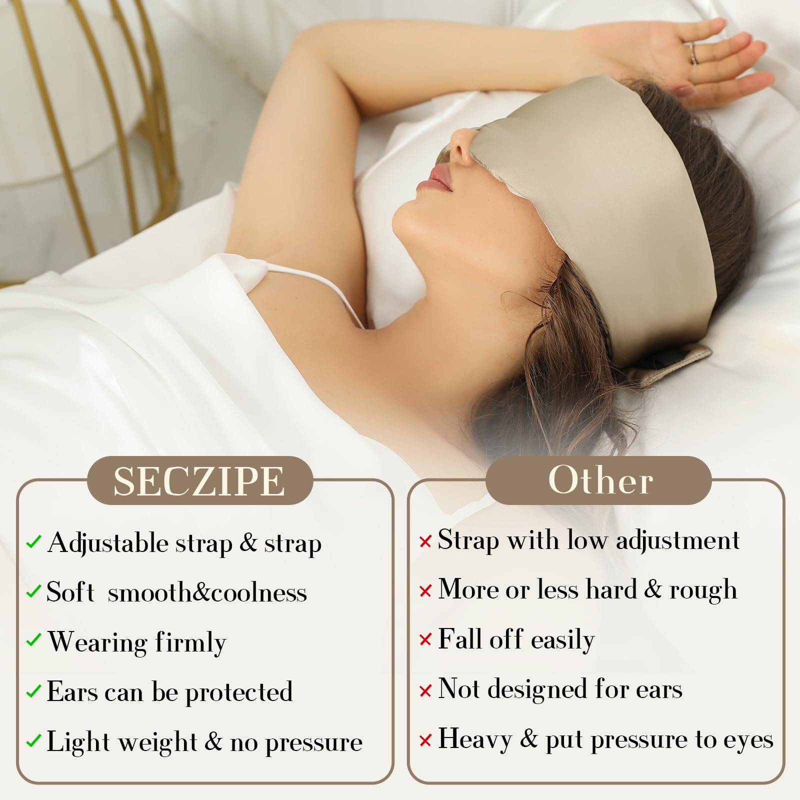 SECZIPE masque yeux en soie taupe qualité luxueuse pour usage quotidien