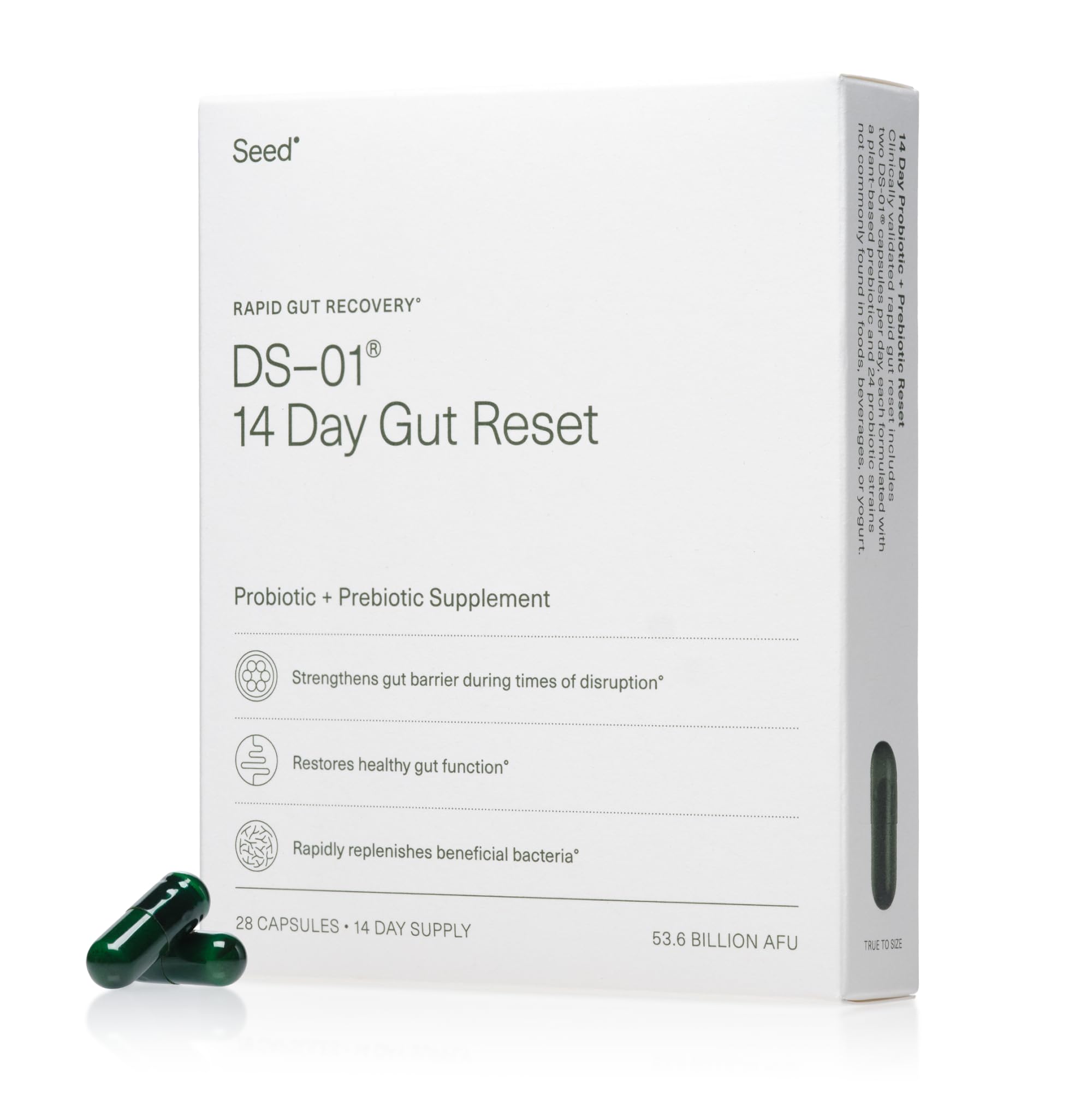 Seed 14 Day Gut Reset – bouteille illustrée: soutien à l'équilibre intestinal pratique.