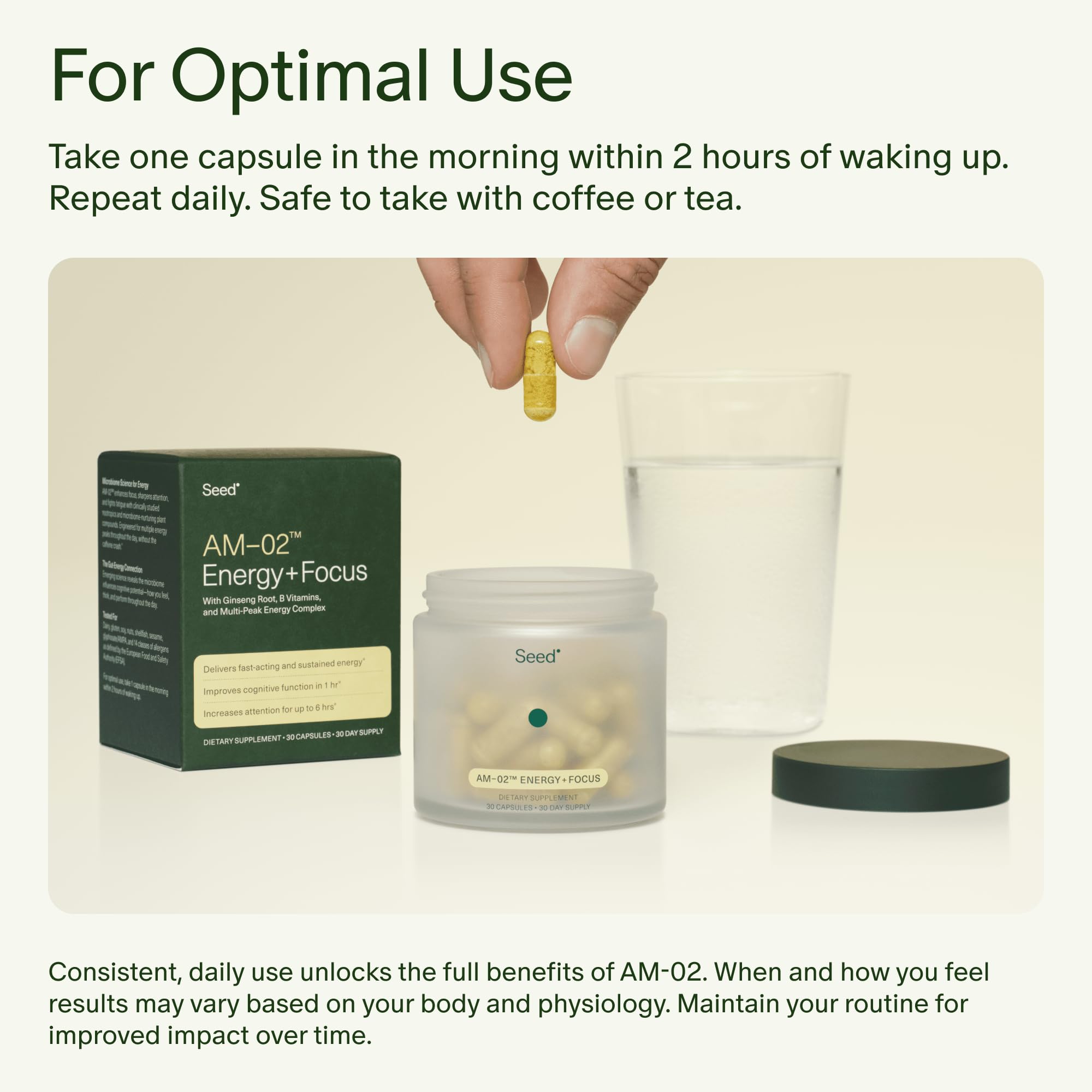 Seed AM-02 dosage prise, routine matinale rapide et pratique.
