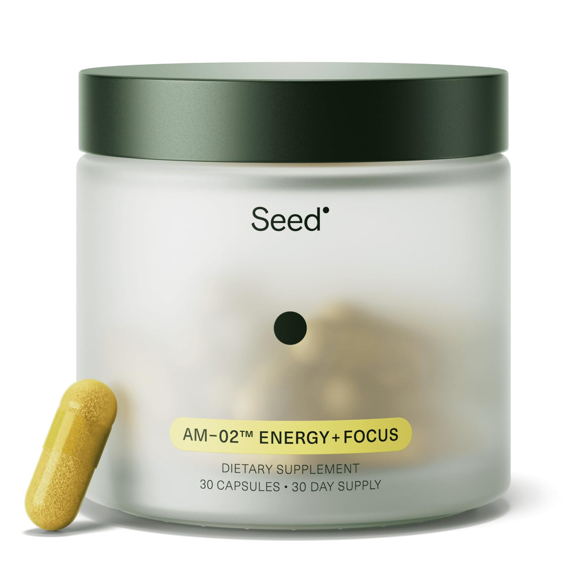 Seed AM-02 énergie et focus, bouteille montrant énergie durable pour une journée productive.