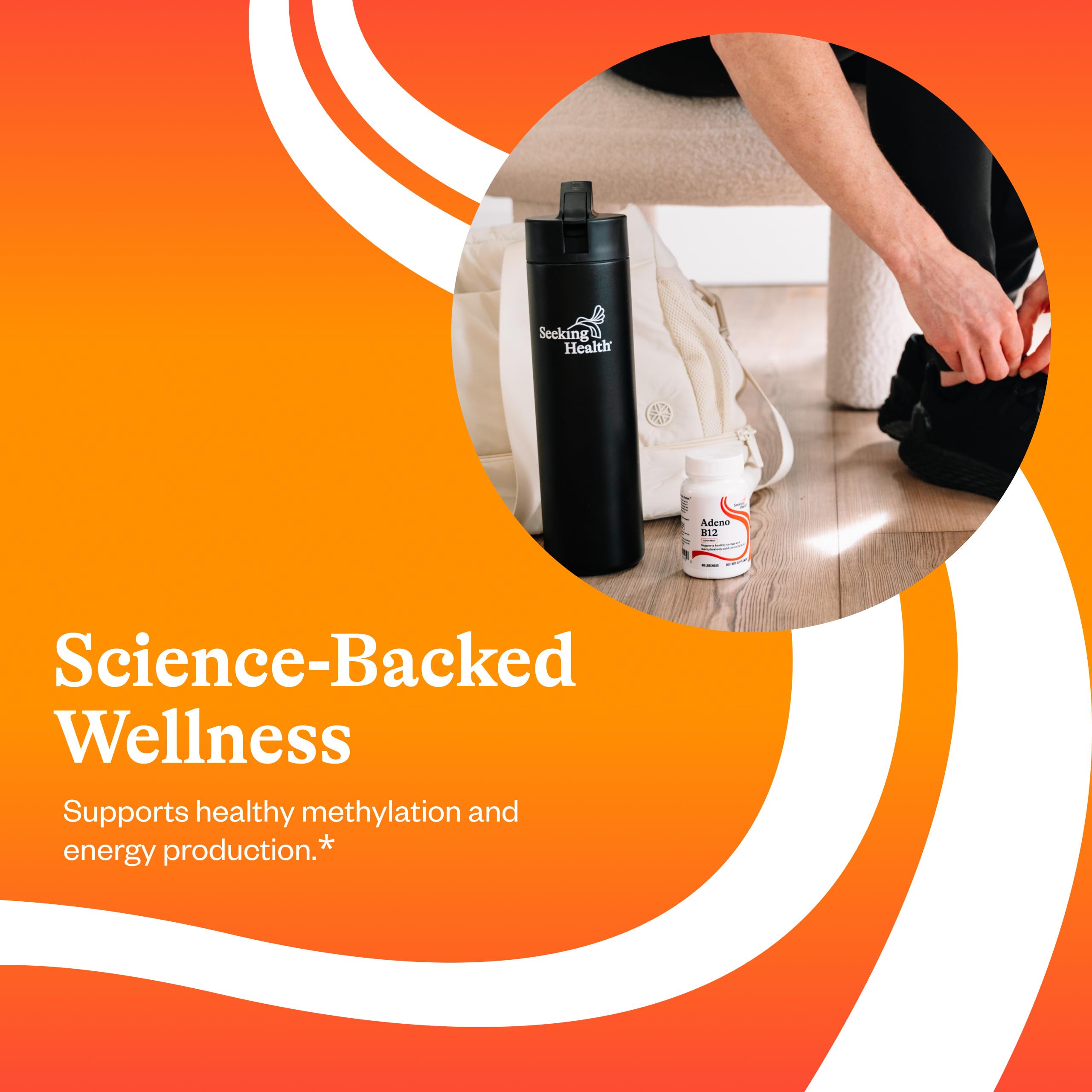 Flacon robuste Seeking Health Adeno B12, design pratique pour le quotidien.