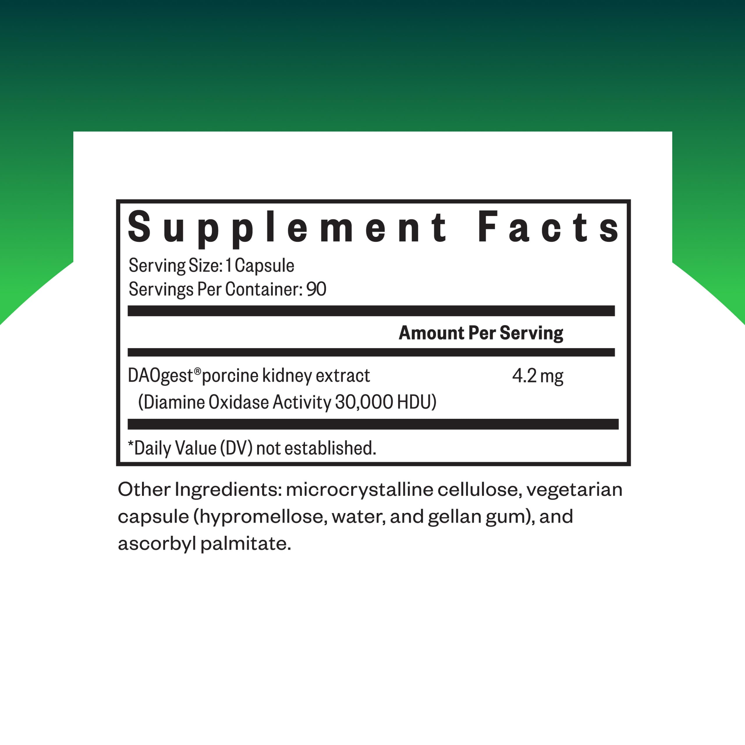 Étiquette du produit Seeking Health DAO Enzyme, informations sur l'histamine et l'usage