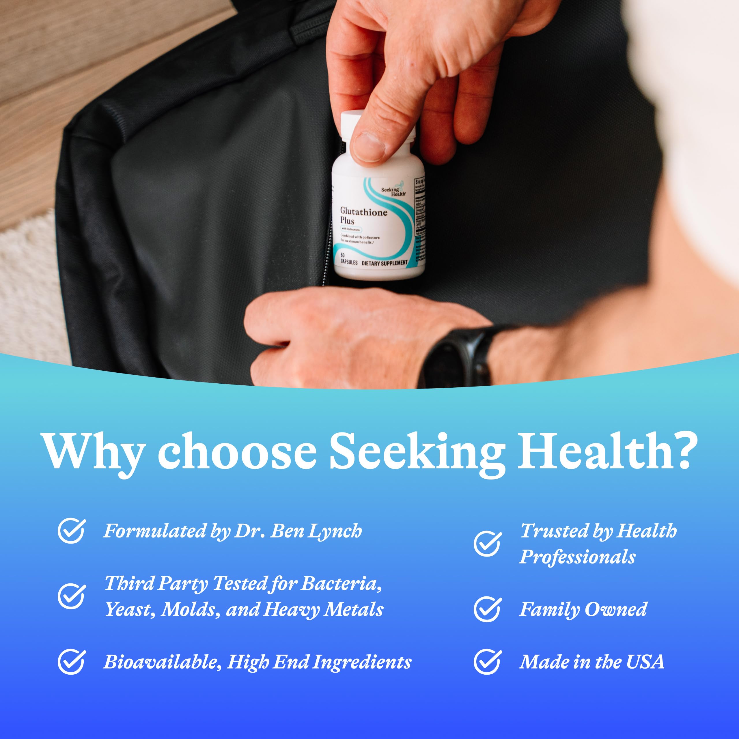 Seeking Health Glutathione Plus — sans allergènes majeurs, adapté à divers régimes.