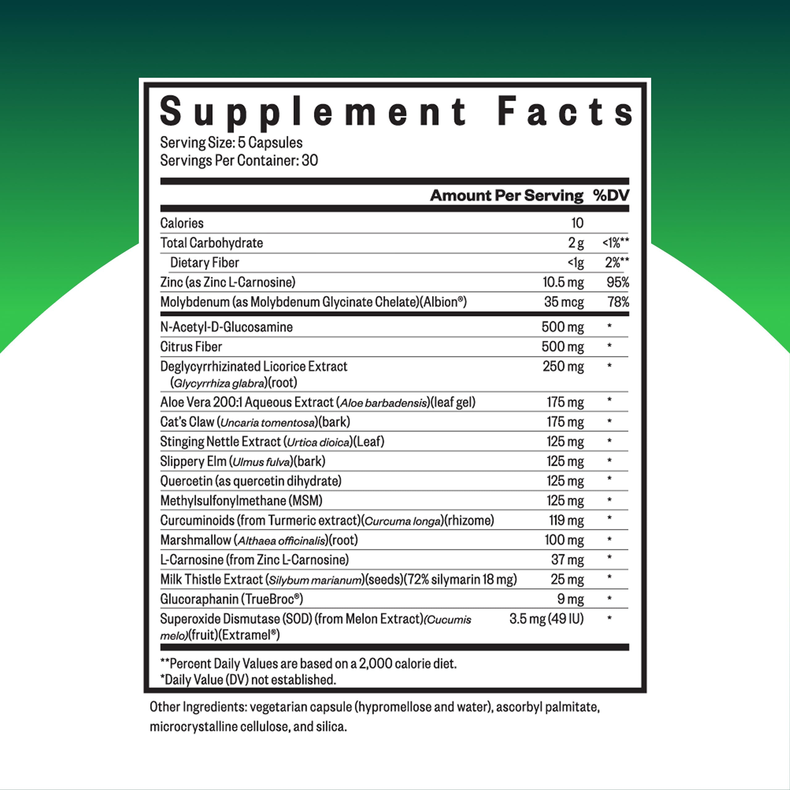Étiquette Seeking Health Gut Nutrients – informations claires sur les ingrédients.