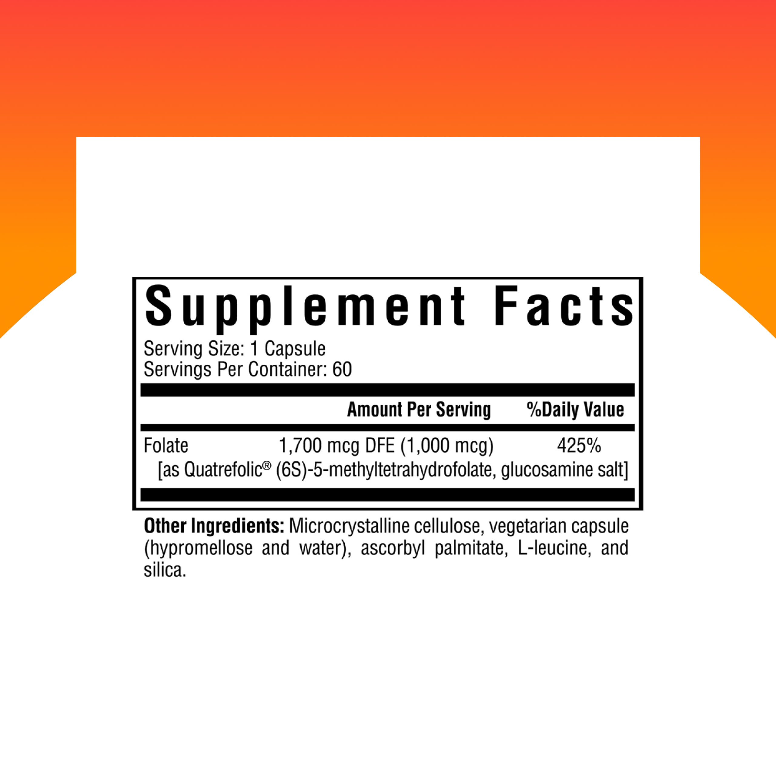 Seeking Health L-Methylfolate: étiquette présentant les ingrédients et l'usage recommandé.