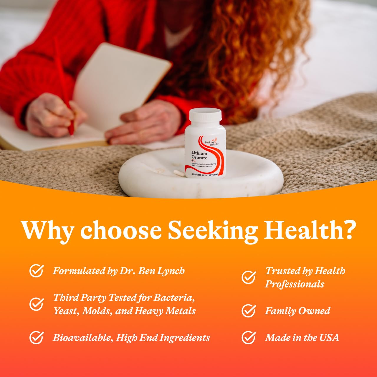 Seeking Health Lithium Orotate – utilisation quotidienne suggérée pour le bien-être mental.
