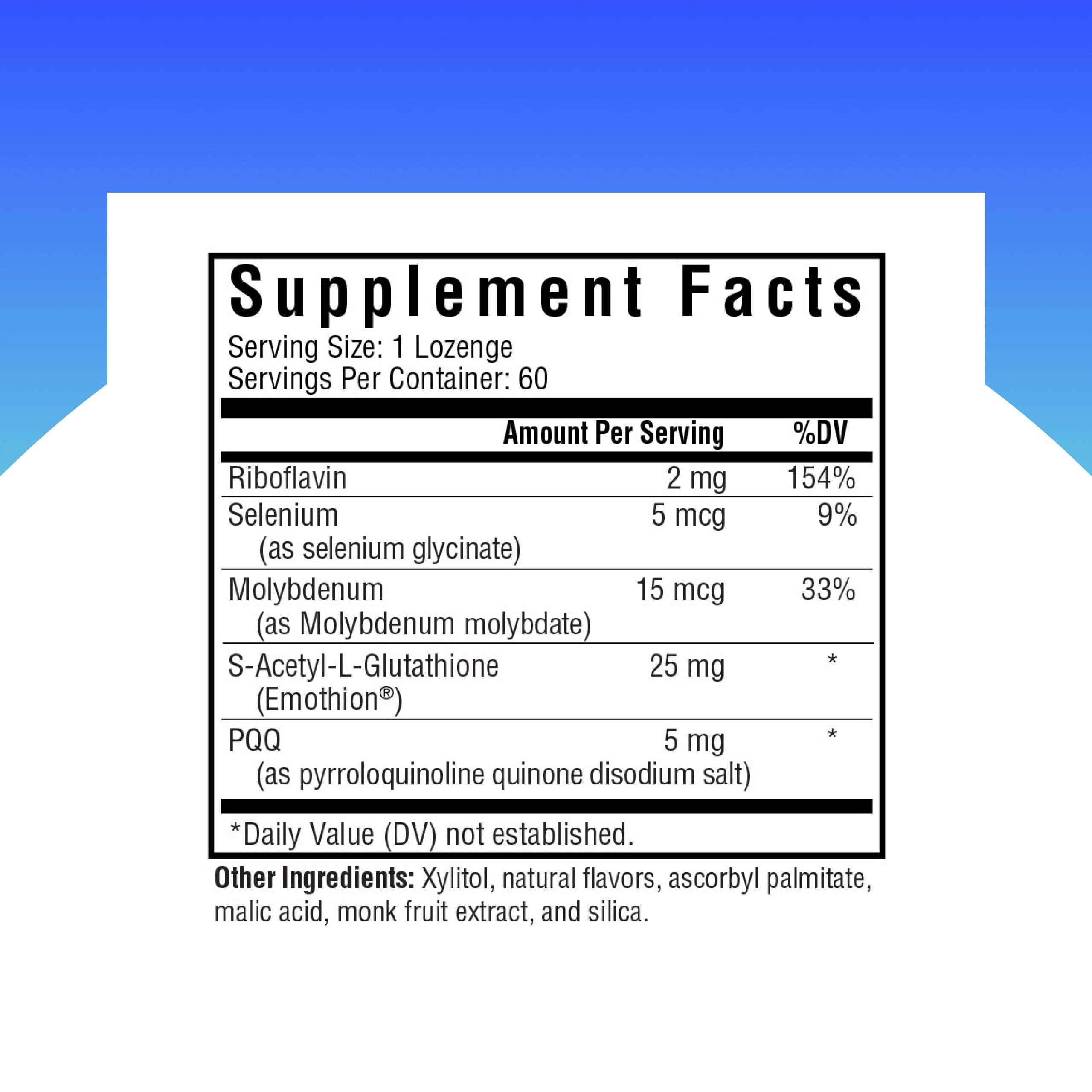 Étiquette claire des ingrédients Seeking Health Glutathion Plus, preuve de qualité.