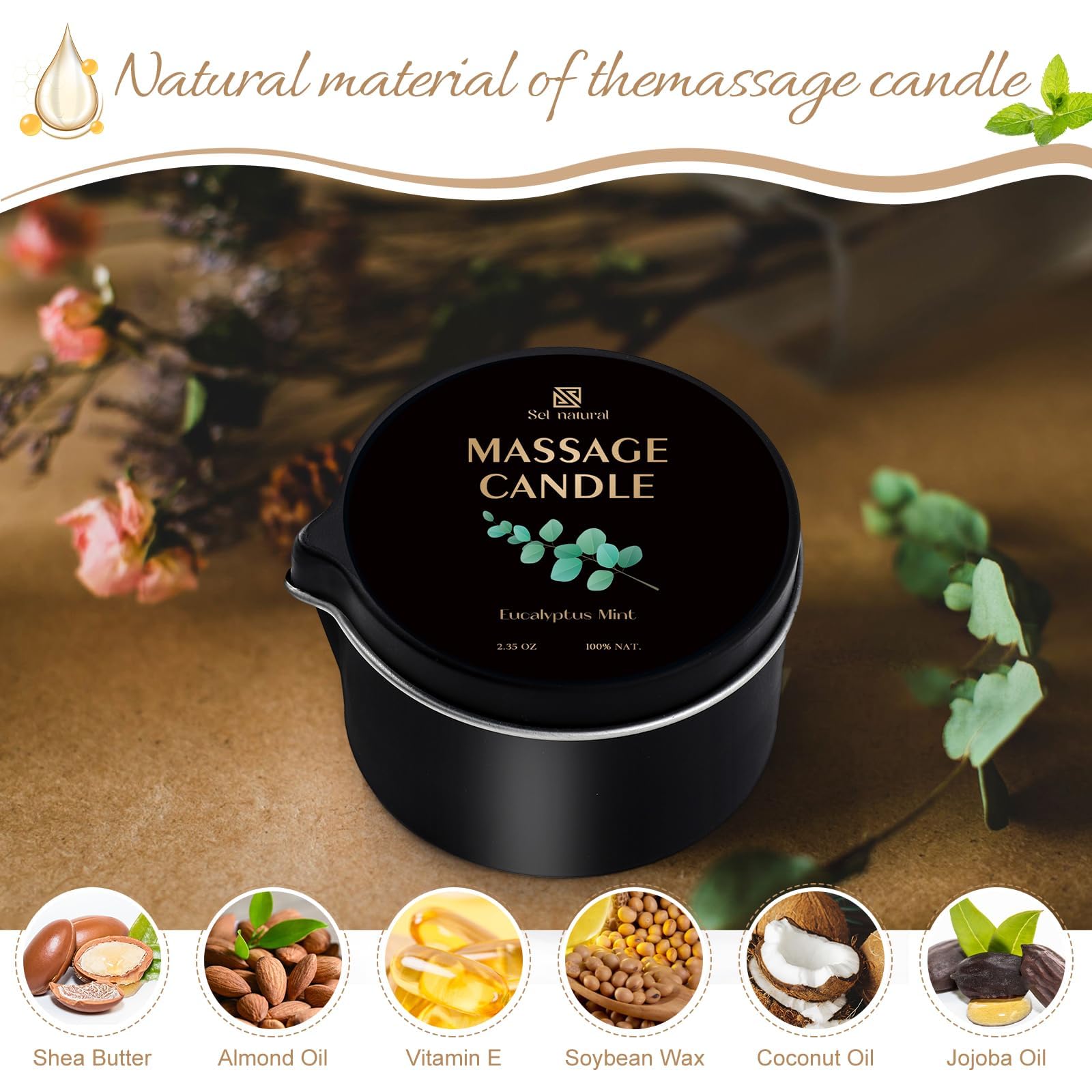Sel Natural Bougie Huile Massage Cèdre Santal – chaleur boisée propice au cocon.